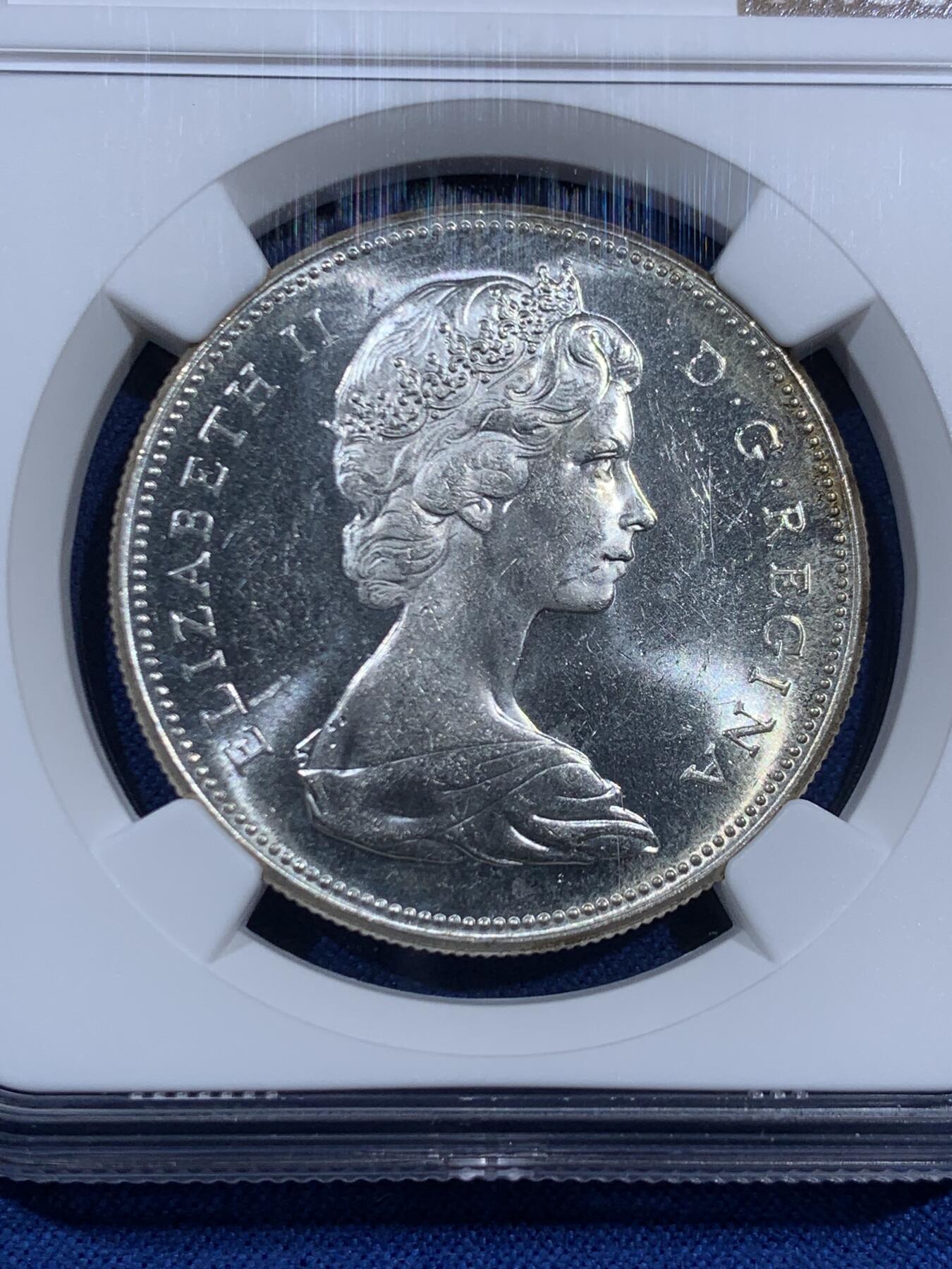 《竞宝斋》第452场 周日，周一 2场连拍 （全场包邮，欢迎送拍） NGC MS64 加拿大1967年大雁一元银币 经典工艺 光度漂亮