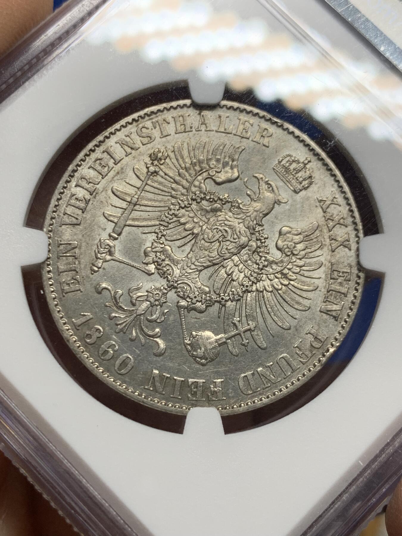 《竞宝斋》第452场 周日，周一 2场连拍 （全场包邮，欢迎送拍） NGC MS62 德国 1860年 普鲁士 威廉四世 离冠鹰 1泰勒银币 少见年份