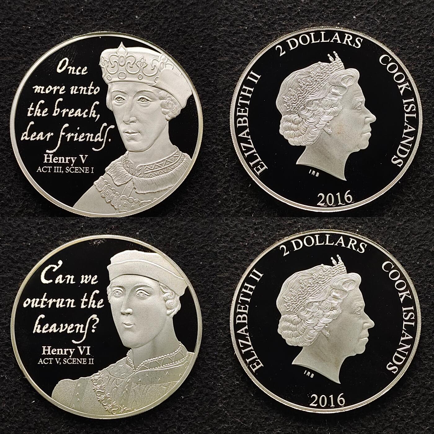 【全场包邮】纯粹捡漏拍491场（免费代拍第28场） 【稀少】库克群岛2016年2元莎士比亚笔下的国王们精制（38.61毫米8克）纪念银币8枚全套（共计64克）-盒证全-量1616