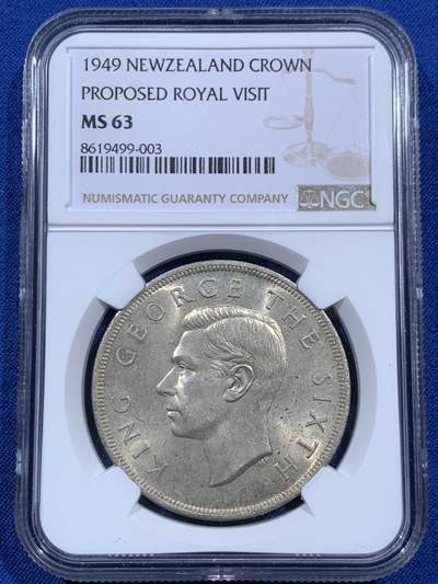 《竞宝斋》第452场 周日，周一 2场连拍 （全场包邮，欢迎送拍） - NGC MS63 新西兰1949年乔治六世克朗大银币，淡黄油包浆，光度很好。