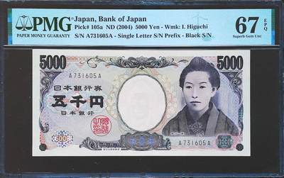 世界靓号纸钞第七十九期 - 2004年日本5000日元 稀少a版 首发AA冠 全程无4 PMG67