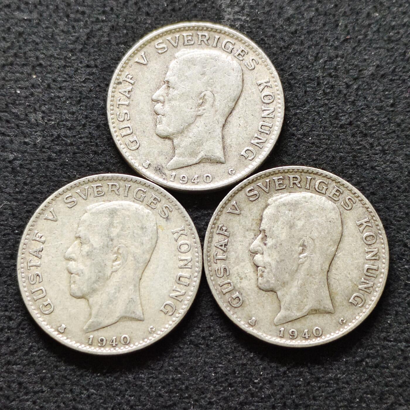【全场包邮】纯粹捡漏拍491场（免费代拍第28场） 瑞典1940年古斯塔夫五世1克朗（31毫米15克）银币3枚一组（共计45克）