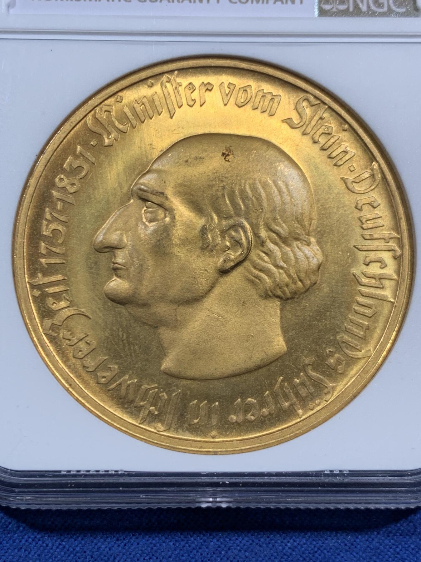 《竞宝斋》第452场 周日，周一 2场连拍 （全场包邮，欢迎送拍） NGC MS65 德国1923年德紧威斯特法伦马币 10000马克镀金铜币，镀层相对完整，漂亮，金光闪闪。