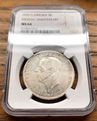 凡希社世界钱币微拍第三百十六期 - 1935G瑞典古斯塔夫国王加冕5克朗纪念大银NGC-MS64