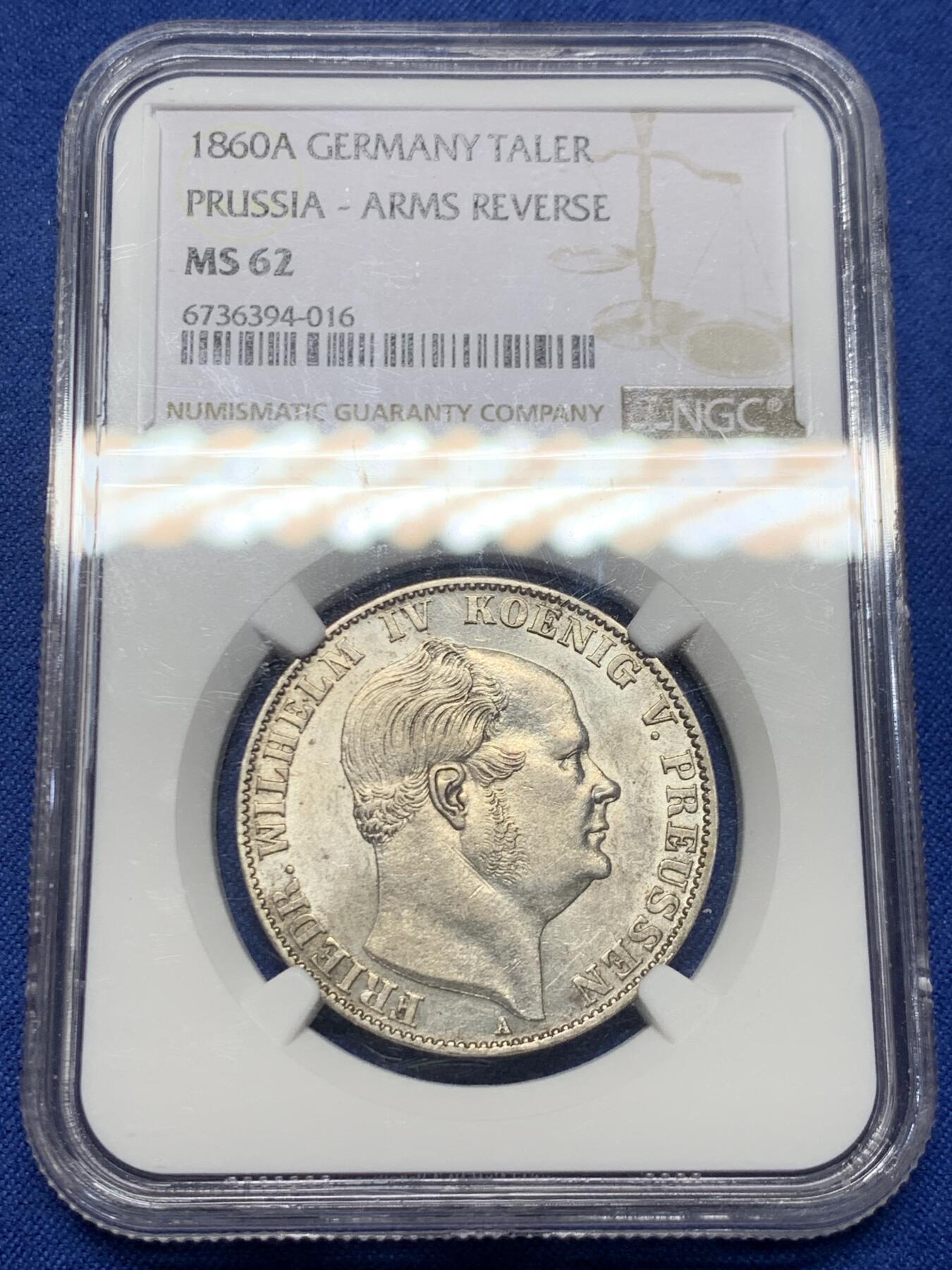 《竞宝斋》第452场 周日，周一 2场连拍 （全场包邮，欢迎送拍） NGC MS62 德国 1860年 普鲁士 威廉四世 离冠鹰 1泰勒银币 少见年份