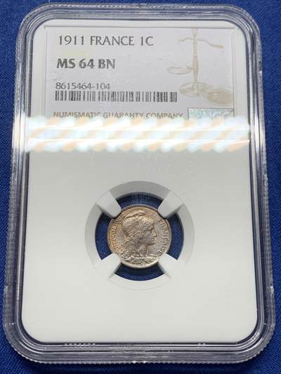《竞宝斋》第452场 周日，周一 2场连拍 （全场包邮，欢迎送拍） - NGC MS64BN 1911法国1分铜币