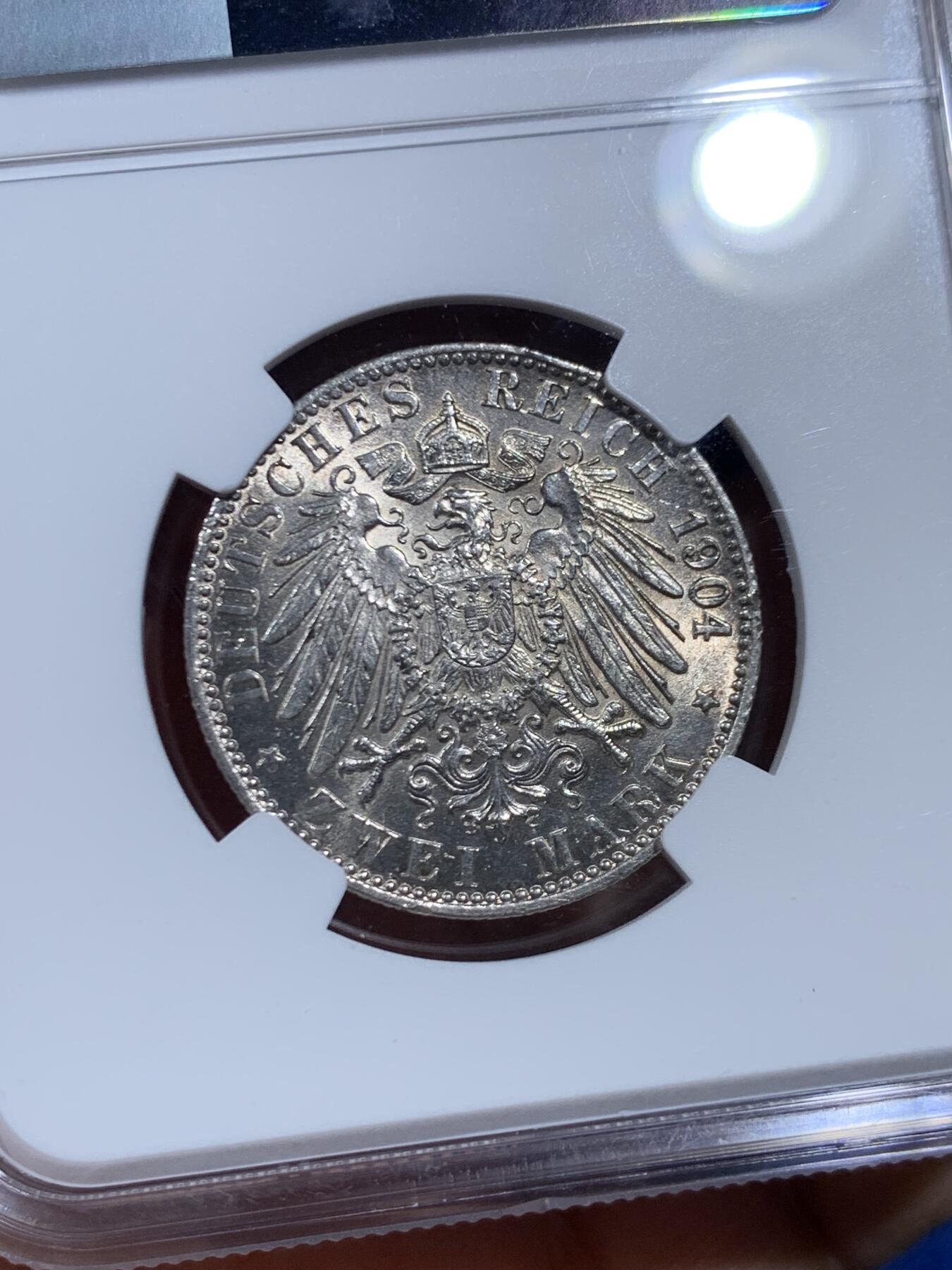 《竞宝斋》第452场 周日，周一 2场连拍 （全场包邮，欢迎送拍） NGC MS64 德国 1904年 不莱梅长翅2马克银币，少见自由市马克