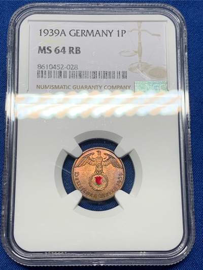 《竞宝斋》第452场 周日，周一 2场连拍 （全场包邮，欢迎送拍） - NGC MS64RB 德国1939A一芬尼铜币 64高分可藏