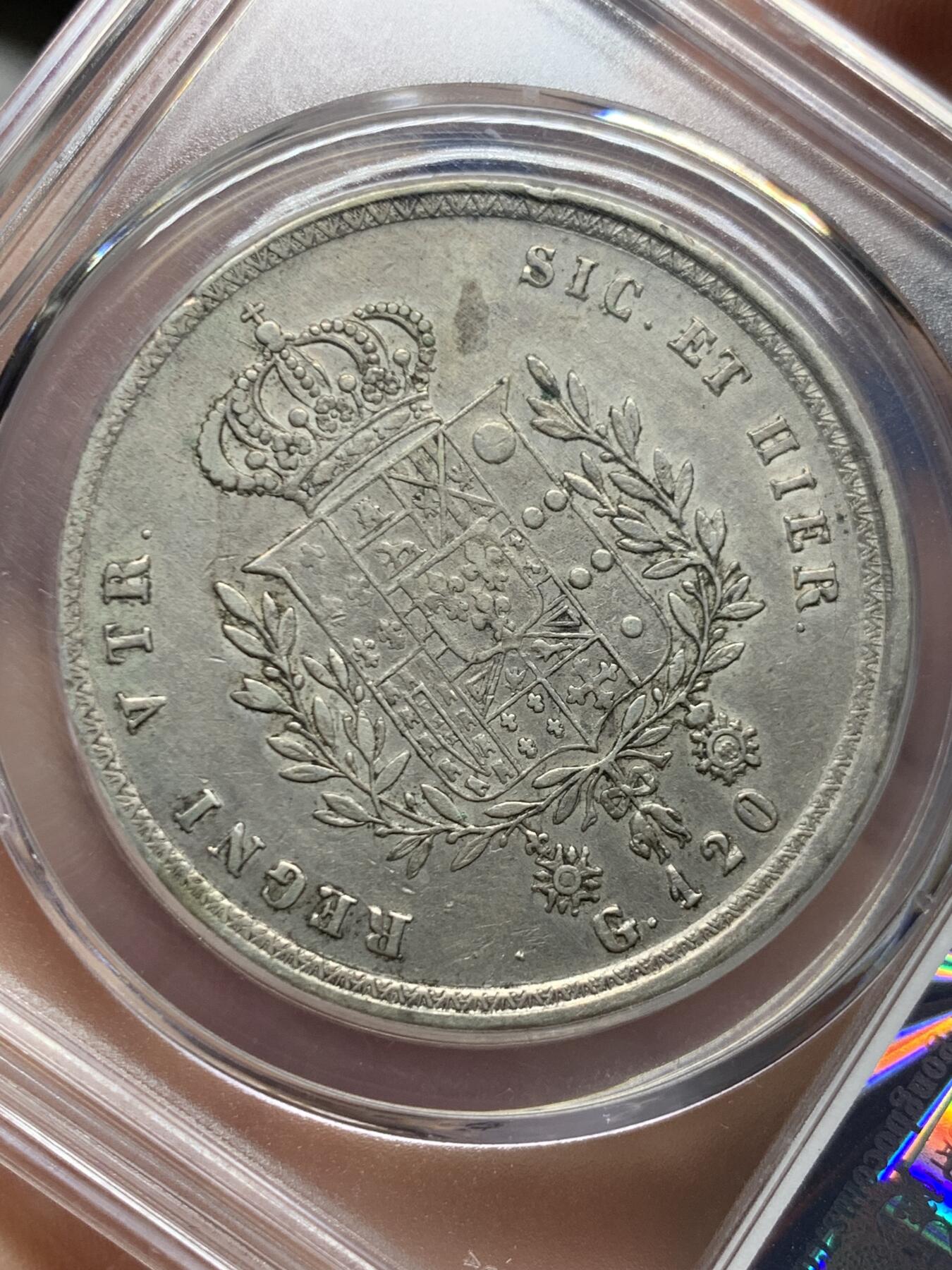 《竞宝斋》第452场 周日，周一 2场连拍 （全场包邮，欢迎送拍） 公博 AU50 意大利两西西里王国1825年弗朗西斯科一世120G银币，罕见币，意大利西西里+那不勒斯120GRANA银币