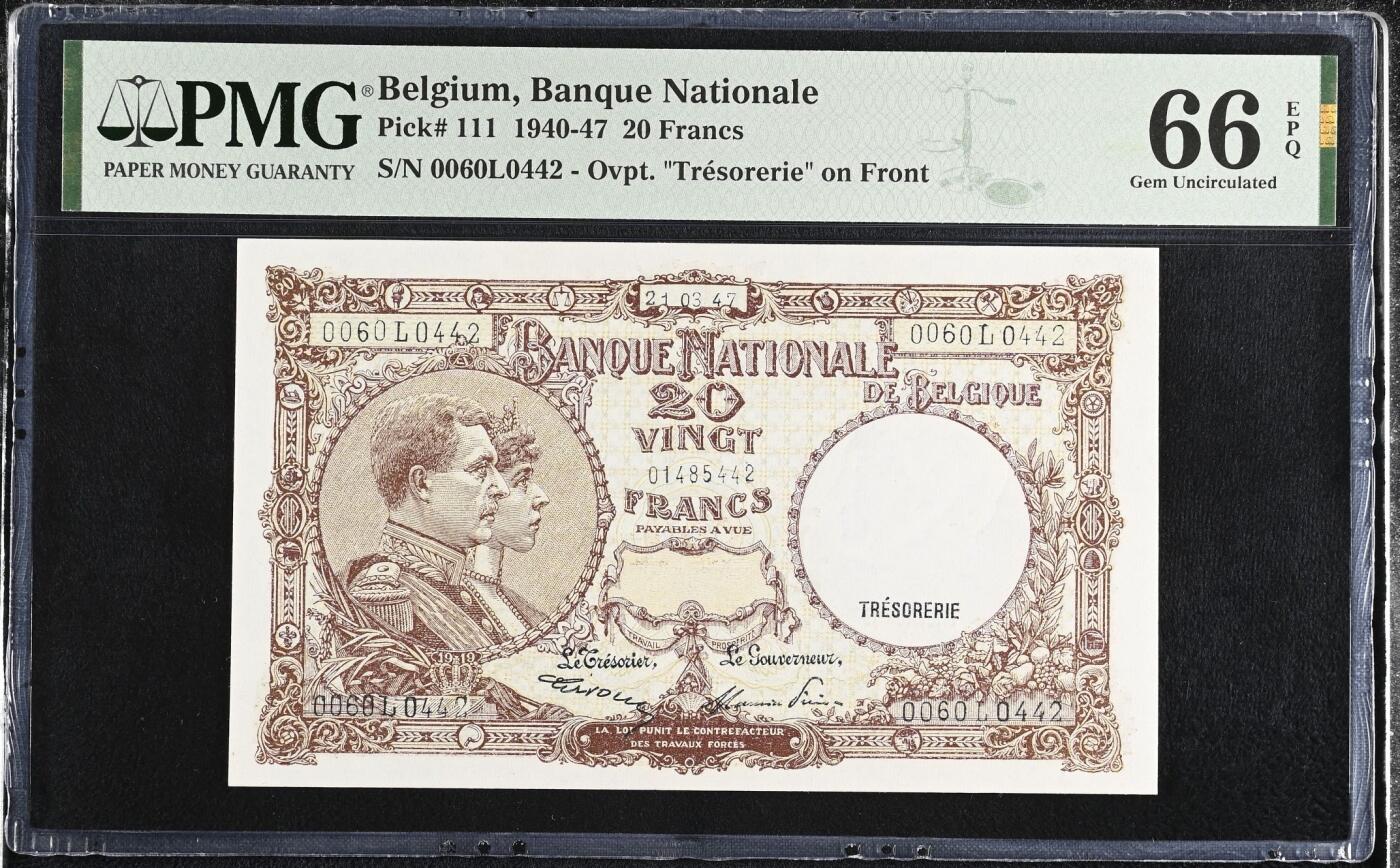 🐍甜小邱世界纸币收藏🐍第138期精品场💐 PMG66 比利时 20法郎 1940-47