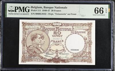 🐍甜小邱世界纸币收藏🐍第138期精品场💐 - PMG66 比利时 20法郎 1940-47
