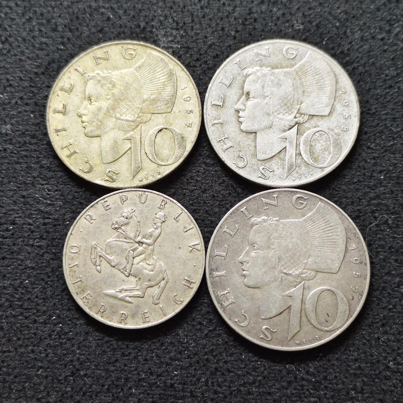 【全场包邮】纯粹捡漏拍491场（免费代拍第28场） 奥地利1957-1961年5/10先令（23.5毫米5.2克/27毫米7.5克）银币4枚一组（共计27.7克）