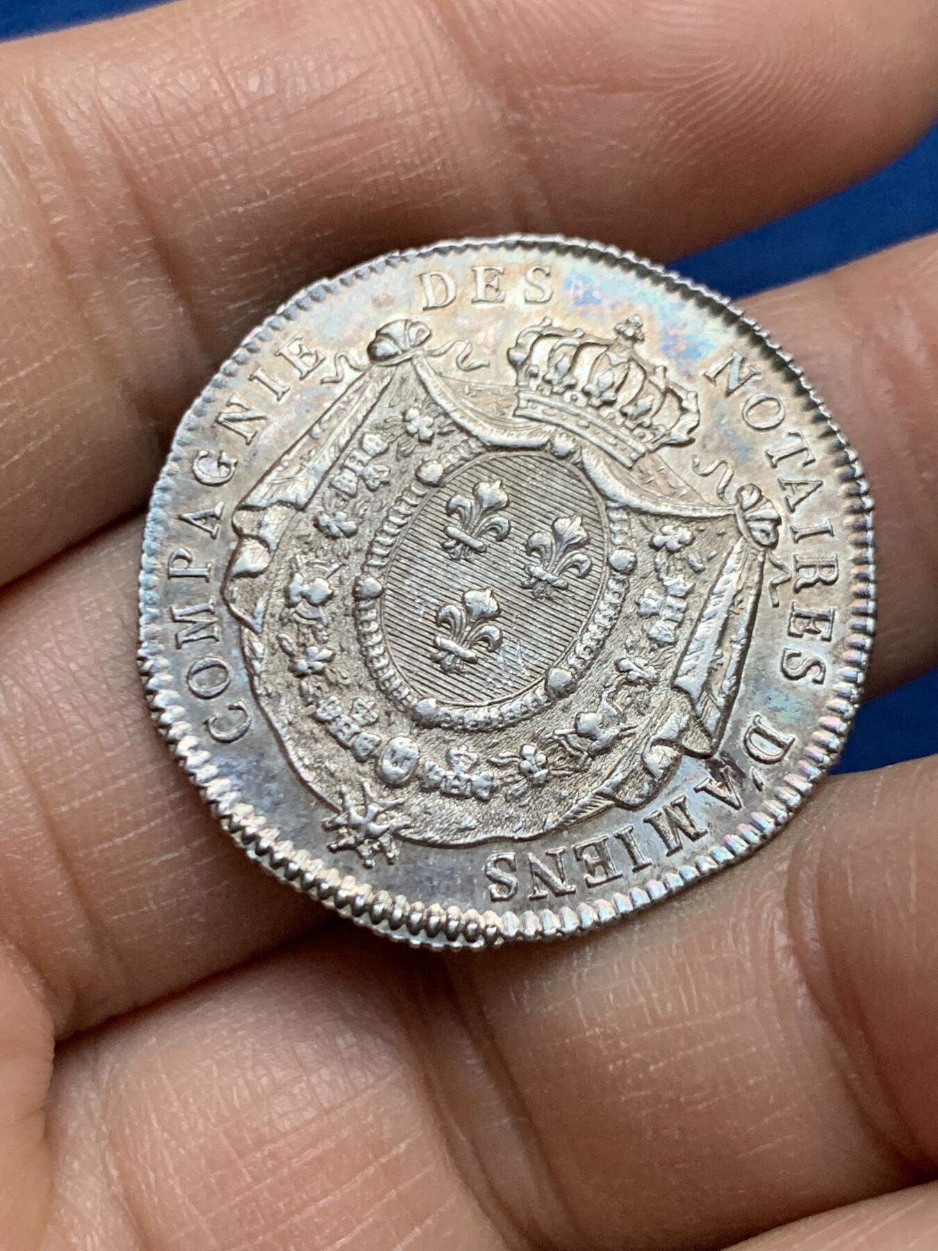 《竞宝斋》第452场 周日，周一 2场连拍 （全场包邮，欢迎送拍） 法国1816年公正女神银质代币，29.5mm，8克，带光好品。