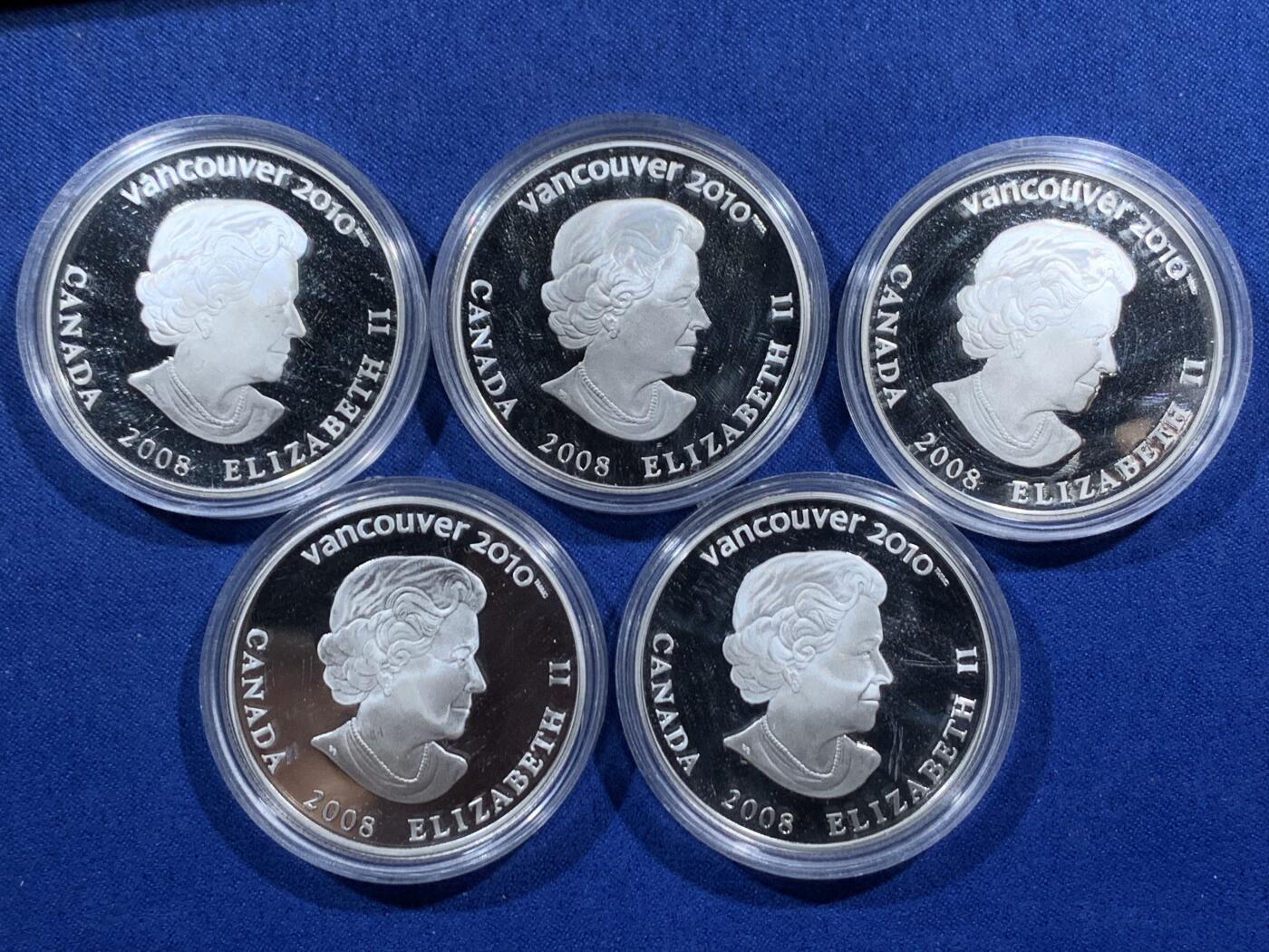 《竞宝斋》第452场 周日，周一 2场连拍 （全场包邮，欢迎送拍） 加拿大2010年25元X5精制幻彩银币套 温哥华冬奥会 约27.7克X5枚 925银 盒证全