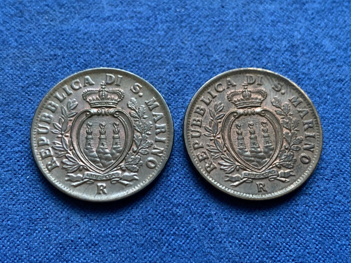 《竞宝斋》第452场 周日，周一 2场连拍 （全场包邮，欢迎送拍） 两枚一组 圣马力诺1935年10分铜币 带光好品