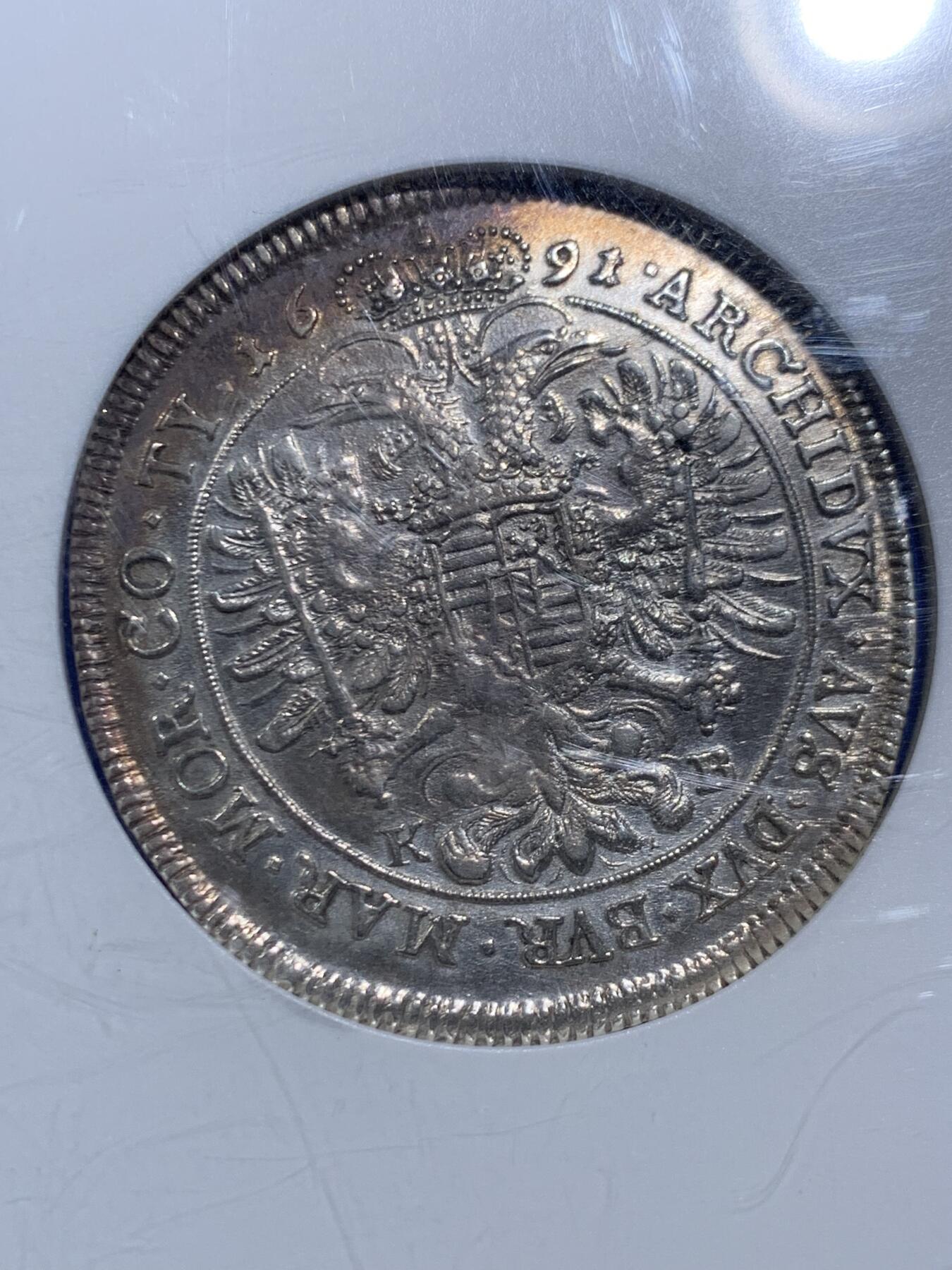 《竞宝斋》第452场 周日，周一 2场连拍 （全场包邮，欢迎送拍） NGC AU 神圣罗马帝国 1691 稀少匈牙利版 利奥博德一世大泰勒 超常规尺寸大盒封装 大波浪经典品种