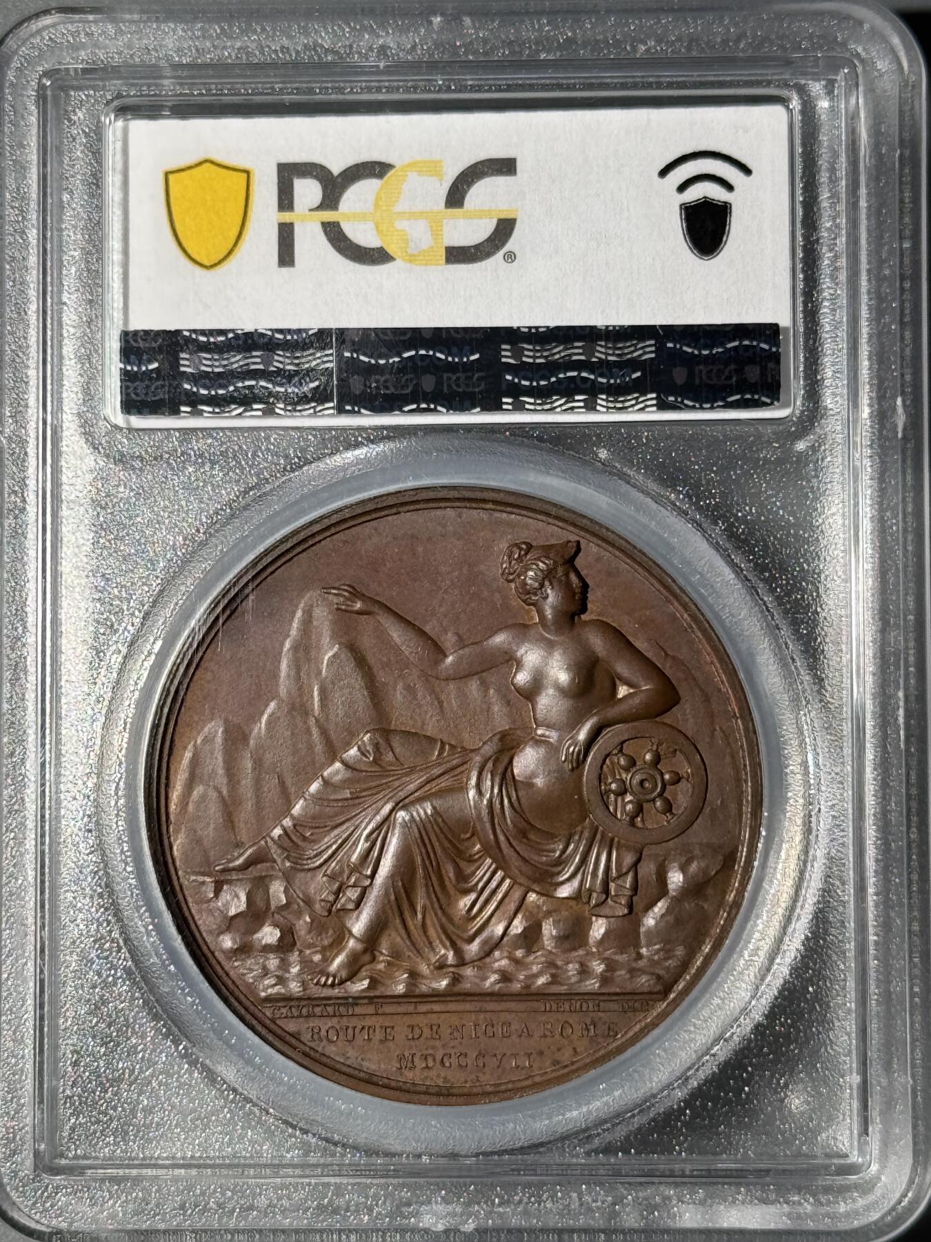 法国1807年拿破仑一世尼斯至罗马之路竣工原铸铜章 PCGS-SP64 