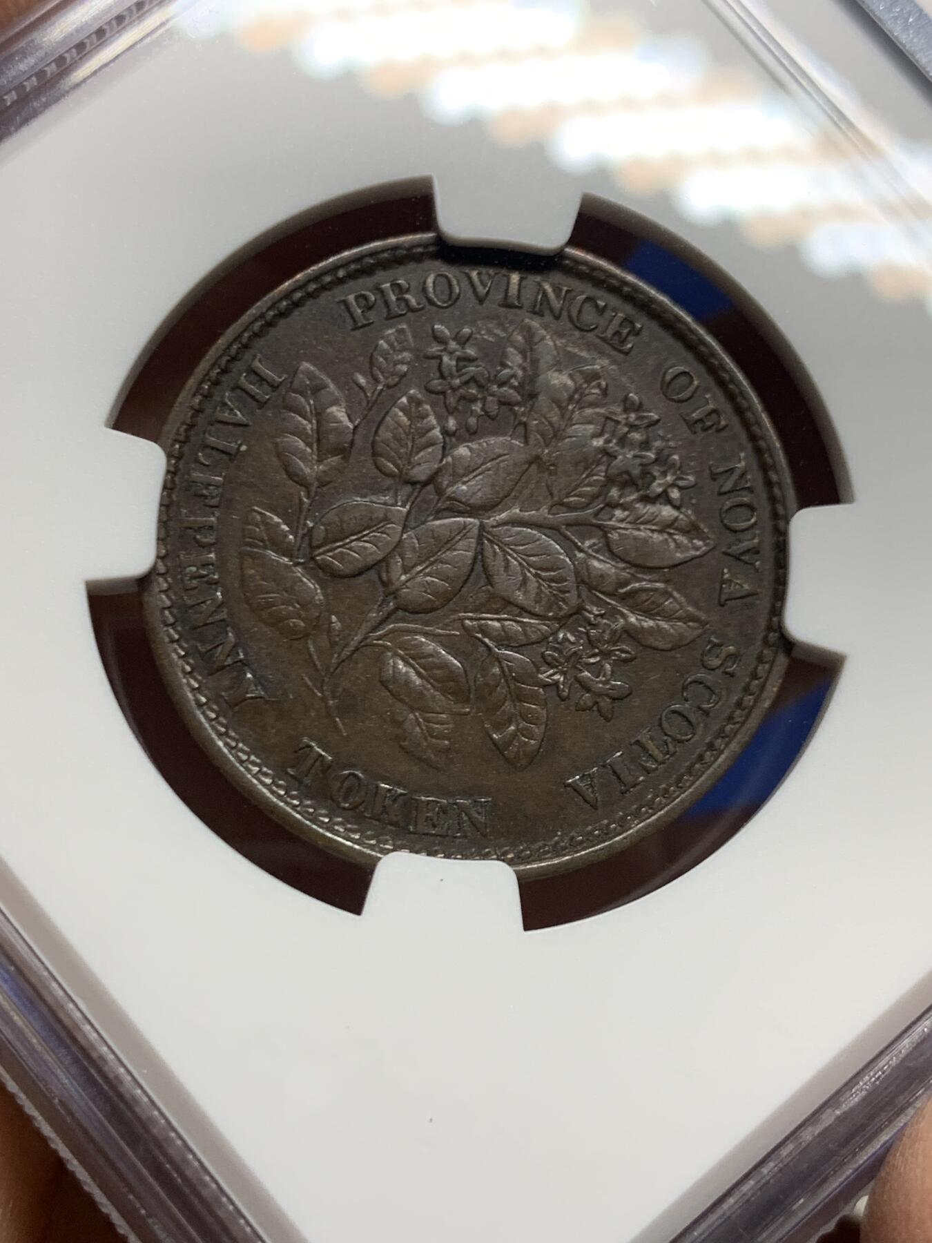 《竞宝斋》第452场 周日，周一 2场连拍 （全场包邮，欢迎送拍） NGC AU53BN 加拿大1856年小维五月花1/2便士铜币，同分里的好状态，花叶细节精美，北美的代表性花卉，美国开端的象征，没几个好品，稀少品种