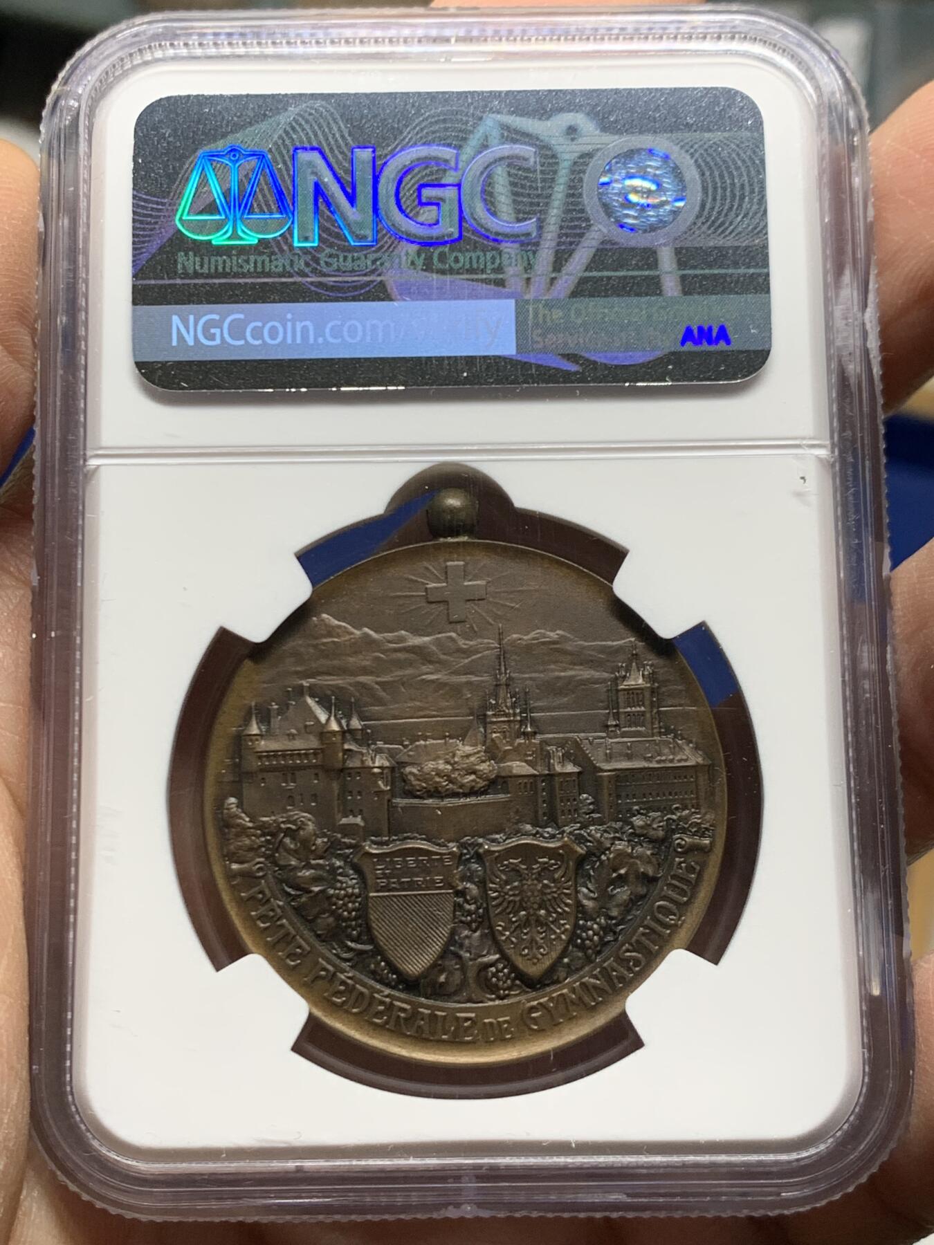 《竞宝斋》第452场 周日，周一 2场连拍 （全场包邮，欢迎送拍） NGC MS64BN 1909年 瑞士洛桑 城市景观铜章 超燃品相