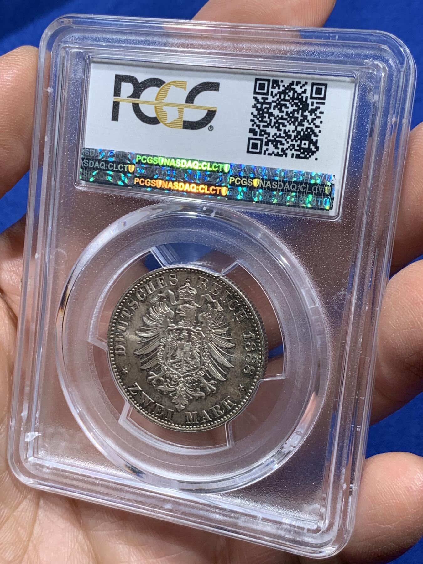 《竞宝斋》第452场 周日，周一 2场连拍 （全场包邮，欢迎送拍） PCGS MS66 德国 1888年 三皇之年弗里德里希三世皇帝2马克银币，超高分，包浆十分优美，收藏一步到位，细节见图