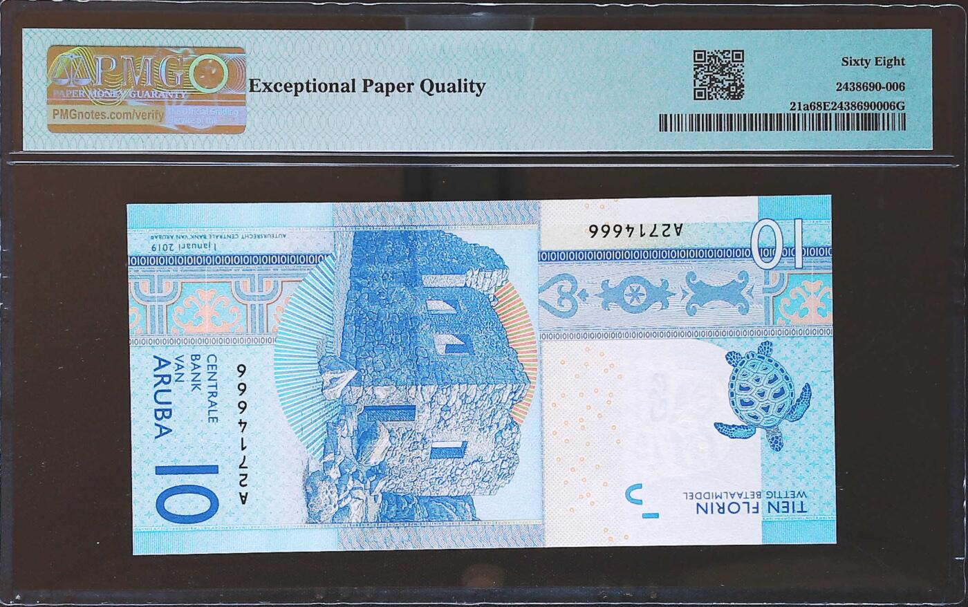 世界靓号纸钞第七十九期 2019年阿鲁巴10弗洛林 首发A冠 豹子号666 PMG68 非常精美的一张钞