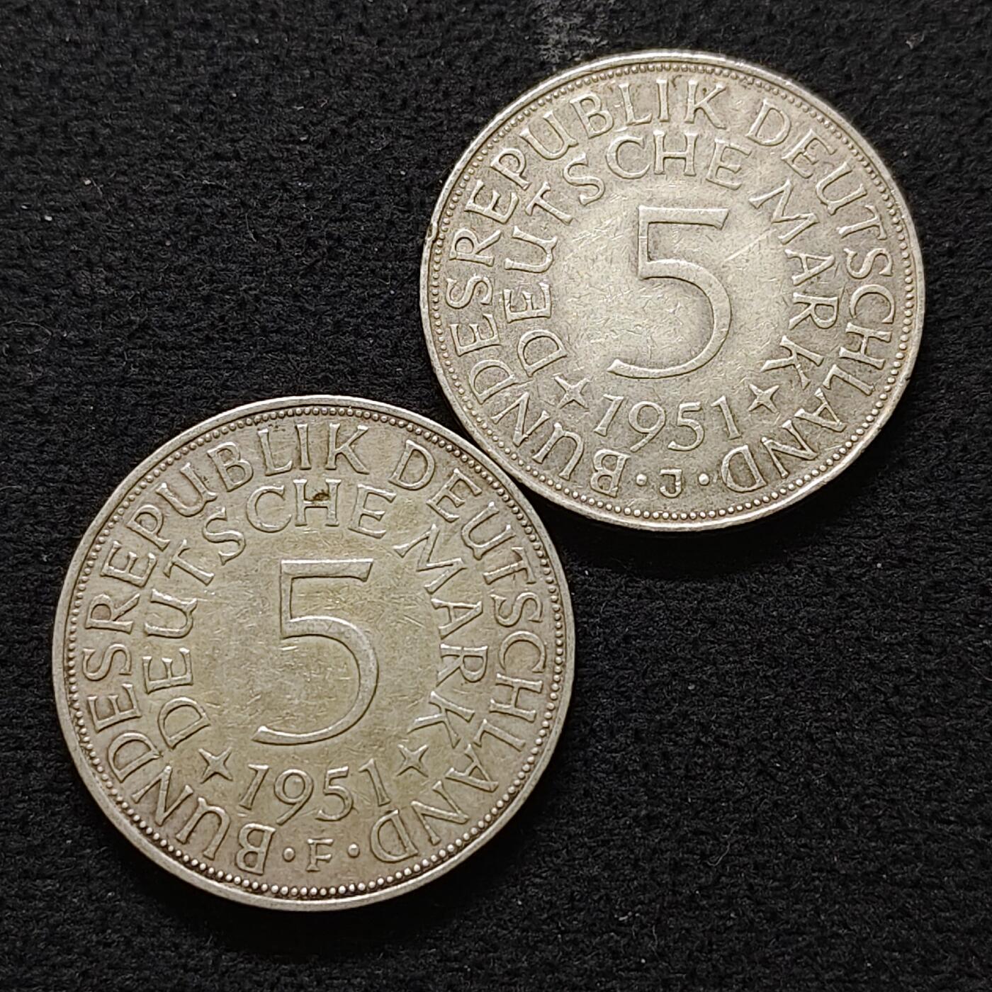 【全场包邮】纯粹捡漏拍491场（免费代拍第28场） 德国联邦德国1951年5马克飞鹰（29毫米11.2克）银币2枚一组