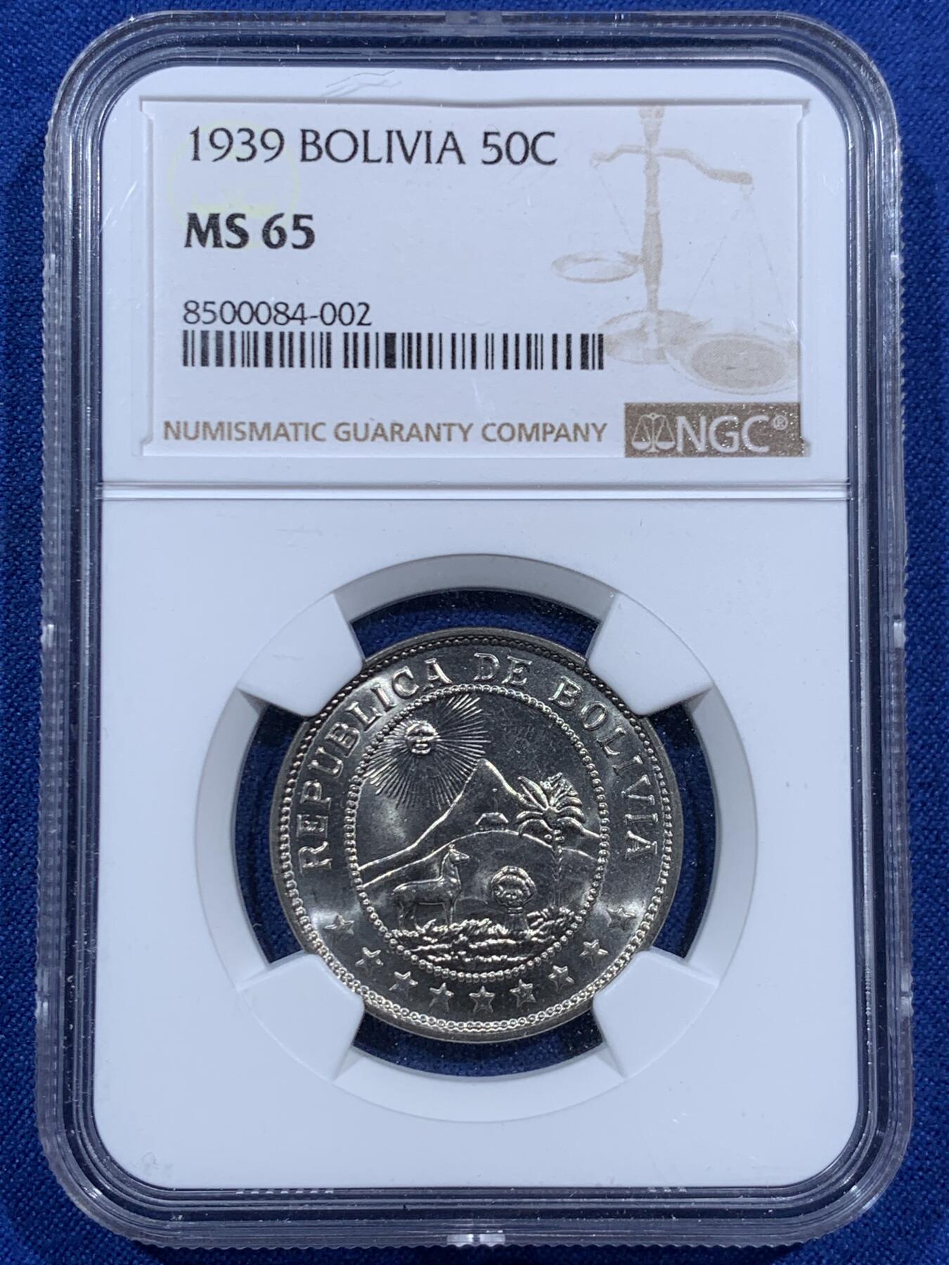 《竞宝斋》第452场 周日，周一 2场连拍 （全场包邮，欢迎送拍） NGC MS65 玻利维亚1939年50分镍币