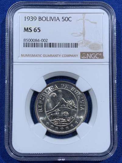 《竞宝斋》第452场 周日，周一 2场连拍 （全场包邮，欢迎送拍） - NGC MS65 玻利维亚1939年50分镍币