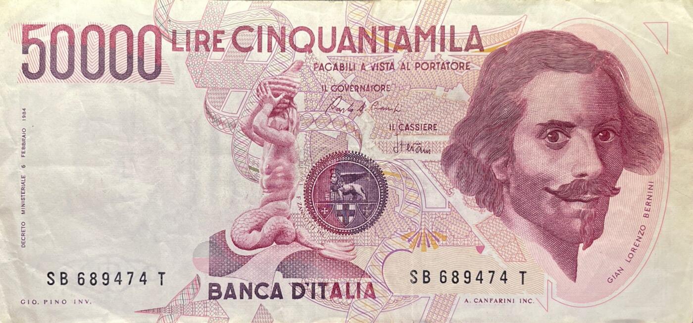 回流1228 1984年意大利银行发行的50000里拉纸币（贝尼尼版）意大利里拉体系中面值较高的流通纸币 