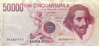 回流1228 - 1984年意大利银行发行的50000里拉纸币（贝尼尼版）意大利里拉体系中面值较高的流通纸币 
