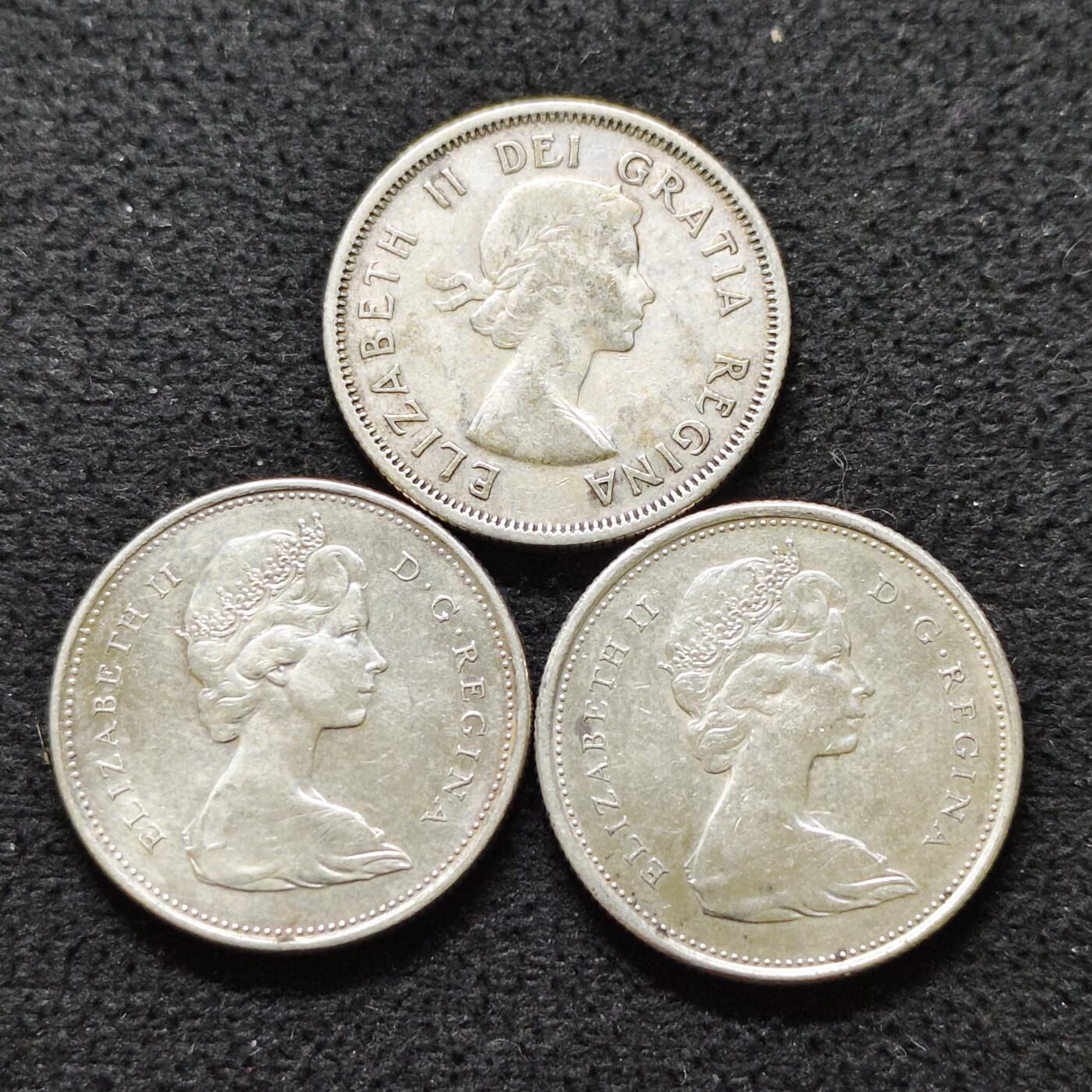 【全场包邮】纯粹捡漏拍490场（免费代拍第27场） 加拿大各年份女王25分（24毫米5.83克）银币（合计17.49克）-含联邦百年纪念银币