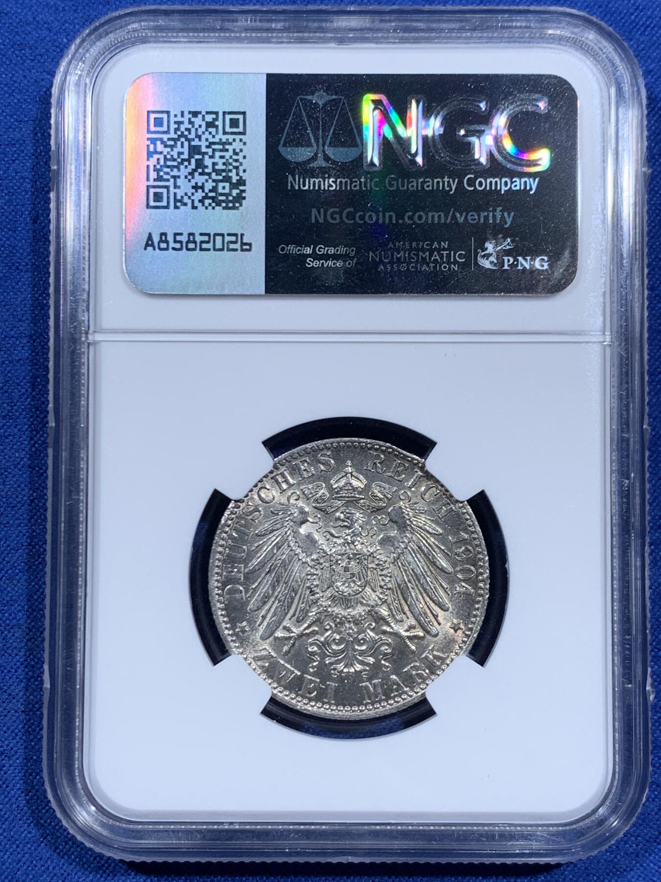 《竞宝斋》第452场 周日，周一 2场连拍 （全场包邮，欢迎送拍） NGC MS64 德国 1904年 不莱梅长翅2马克银币，少见自由市马克