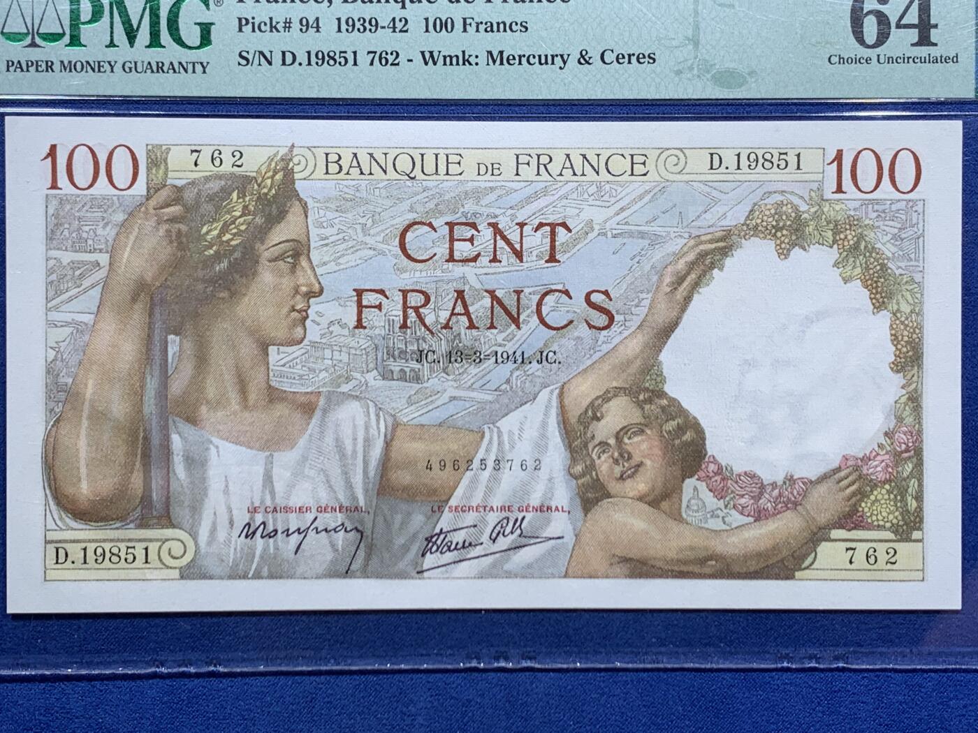 《竞宝斋》第452场 周日，周一 2场连拍 （全场包邮，欢迎送拍） PMG 64 法国 1941年 巴黎圣母院 100法郎