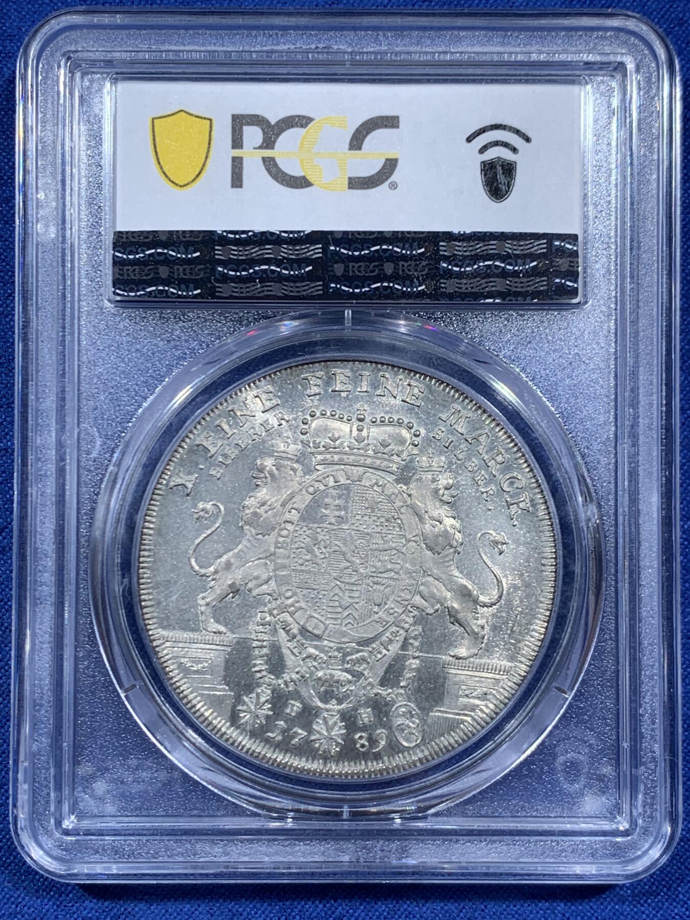 《竞宝斋》第452场 周日，周一 2场连拍 （全场包邮，欢迎送拍） 冠军分 PCGS MS64 德国 1789  黑森-卡塞尔 泰勒大银币 PL底板 丝滑感受 这个状态已无所求