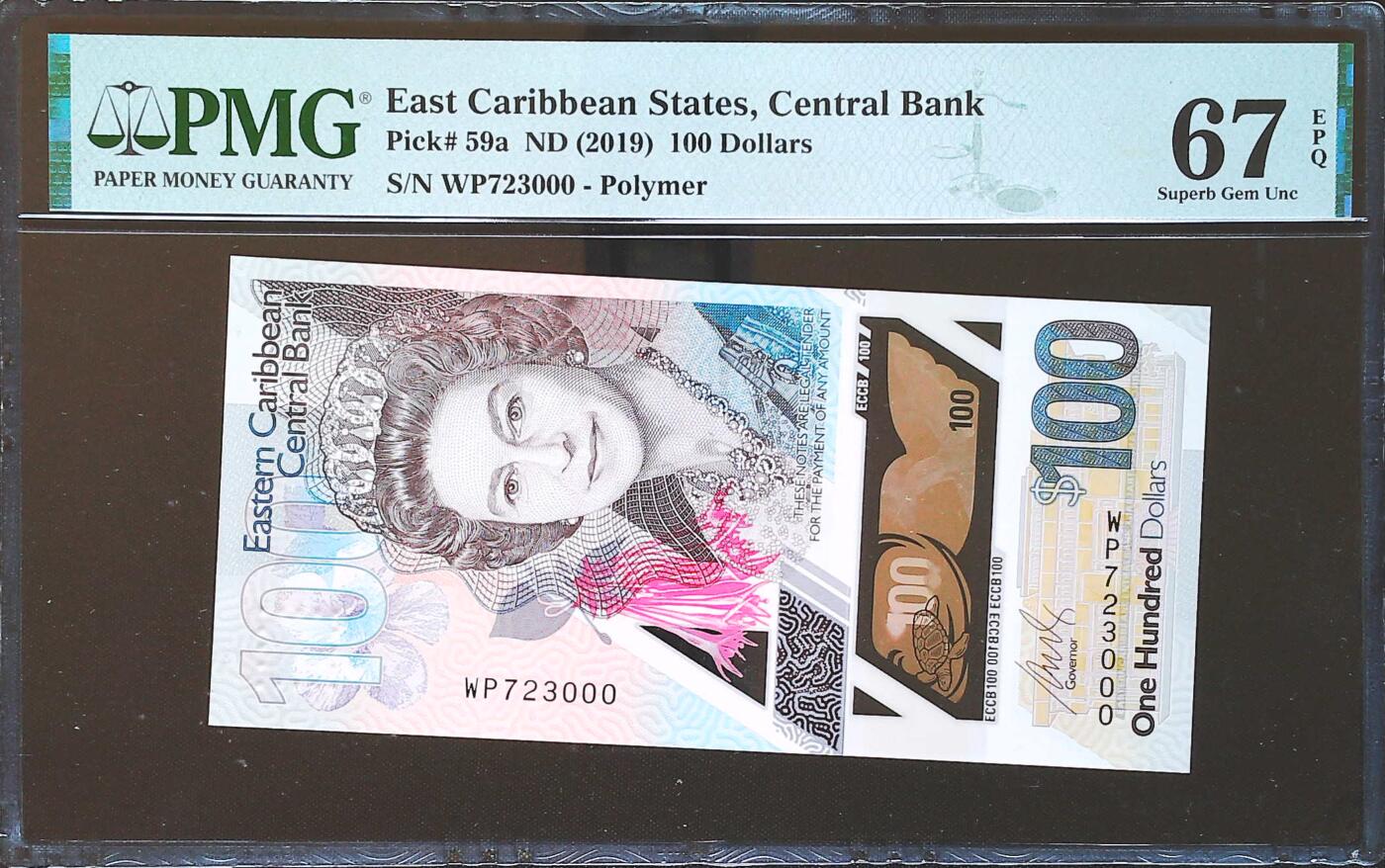世界靓号纸钞第七十九期 2019年东加勒比100元 全程无4 豹子号000 PMG67
