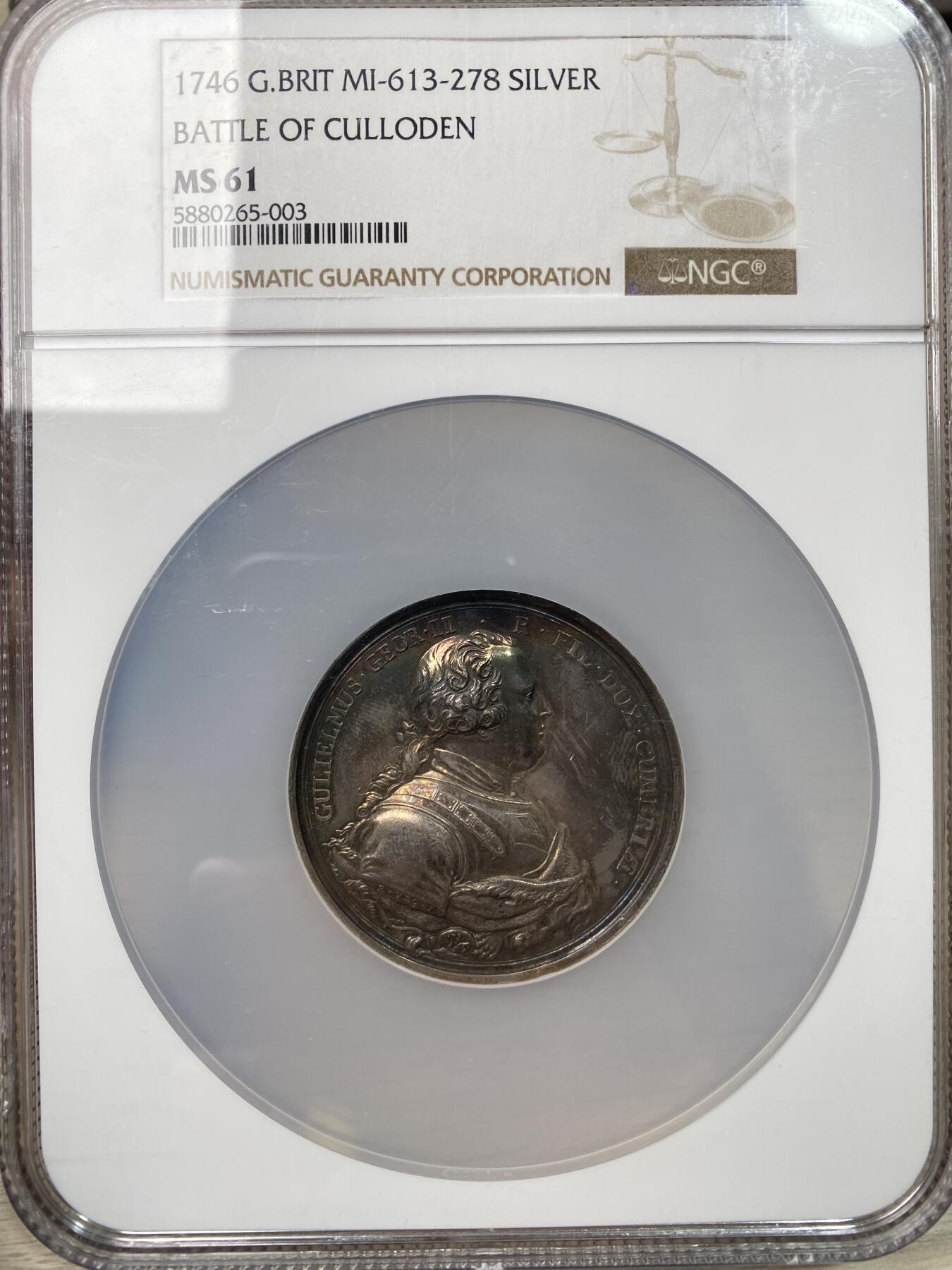 万国钱币拍卖第058期（万国新年大拍） NGC MS61 1746年英国乔治二世卡洛登战役胜利纪念大银章 背面坎伯兰公爵化身赫拉克斯与不列颠尼亚相拥 极美收藏级品质 50MM大规格
