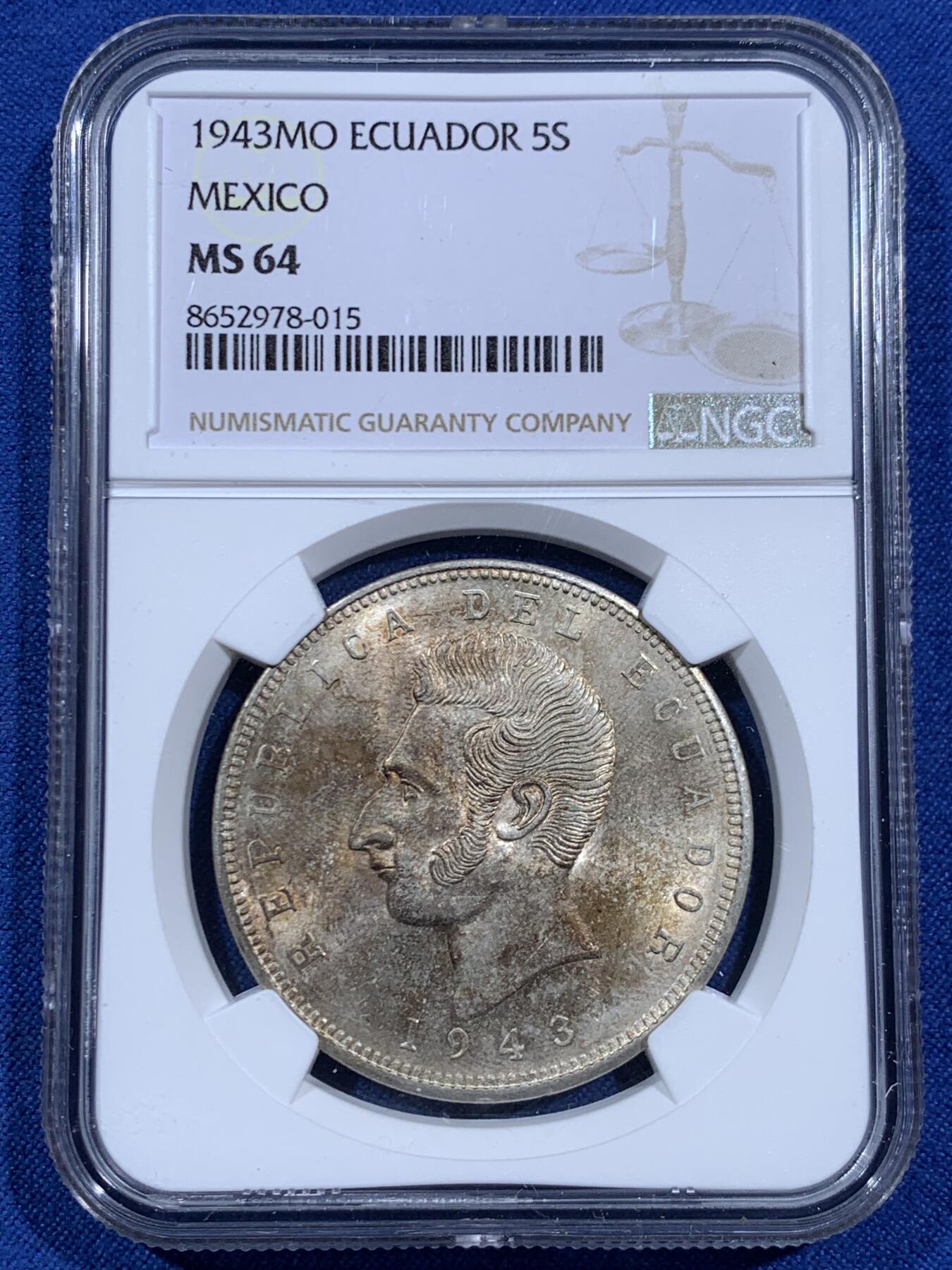 《竞宝斋》第452场 周日，周一 2场连拍 （全场包邮，欢迎送拍） NGC MS64 厄瓜多尔1943年5苏克雷大银币，共发行2年，较少的年份，转光强烈，极美包浆。