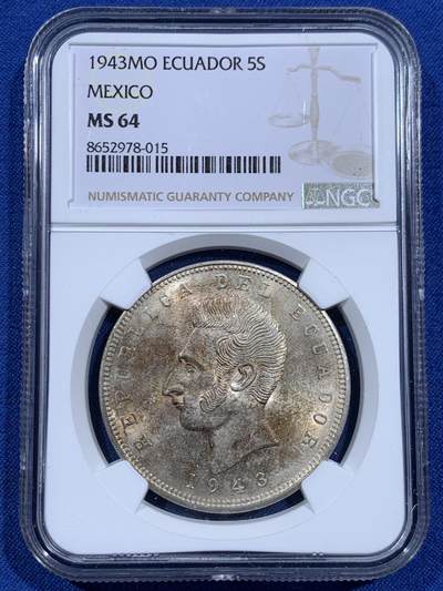 《竞宝斋》第452场 周日，周一 2场连拍 （全场包邮，欢迎送拍） - NGC MS64 厄瓜多尔1943年5苏克雷大银币，共发行2年，较少的年份，转光强烈，极美包浆。