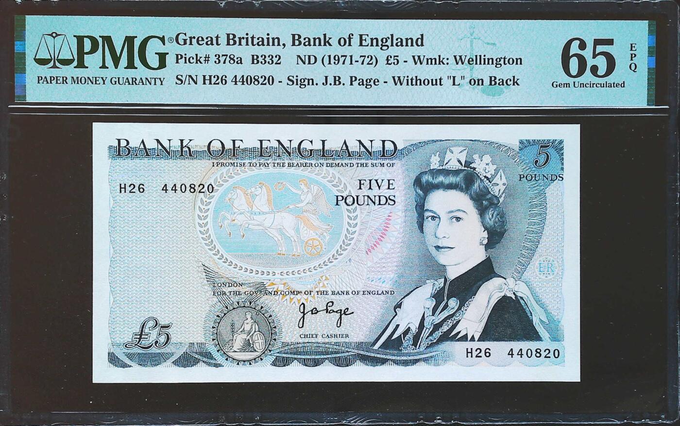 世界靓号纸钞第七十九期 1971-72年英国英格兰银行5镑 D系列 PMG65