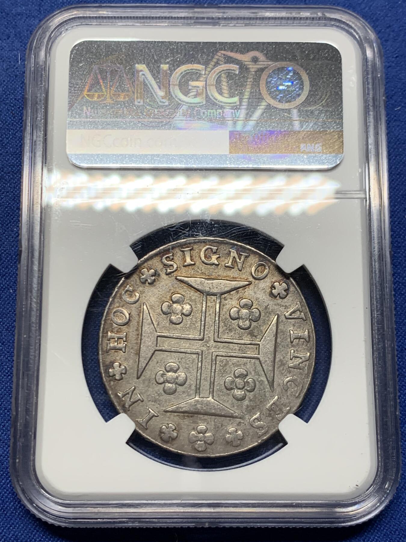 《竞宝斋》第452场 周日，周一 2场连拍 （全场包邮，欢迎送拍） NGC AUD 葡萄牙1815若昂六世400瑞斯银币，灰色老包浆，看不出清洗痕迹，应该是错杀，这款币这种深打状态很难得