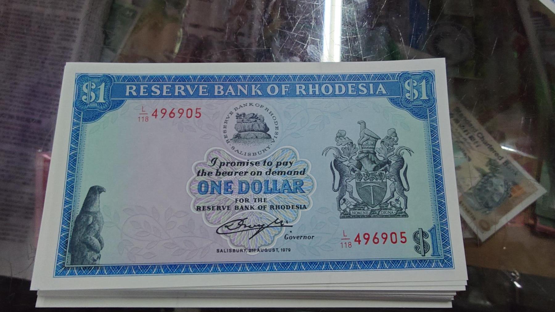 【新年二拍】世界钱币～微拍第223期暨2025年第63期  裸钞专场超低起拍 欢迎参与 1979年罗德西亚1元 全新绝品尾号905