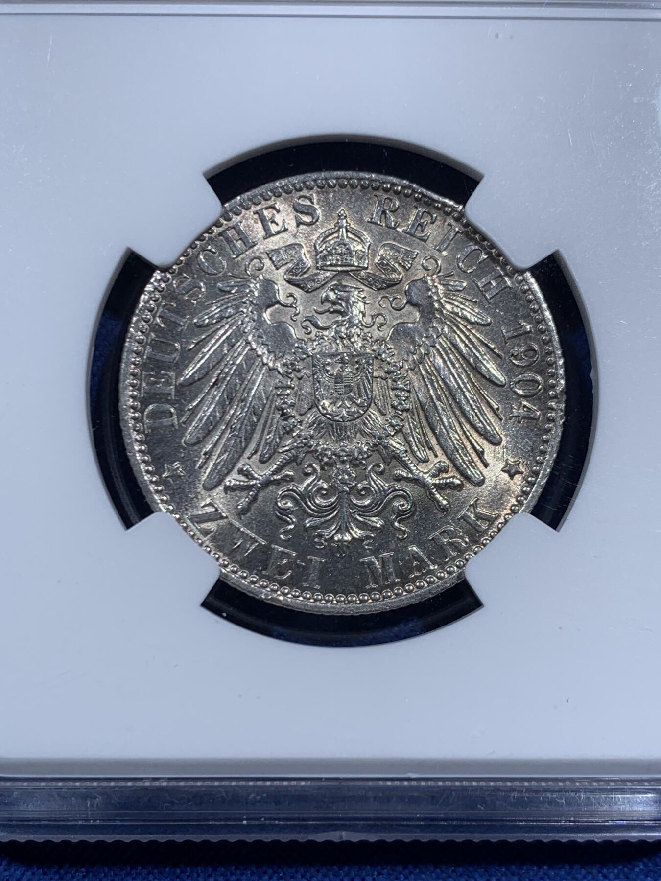 《竞宝斋》第452场 周日，周一 2场连拍 （全场包邮，欢迎送拍） NGC MS64 德国 1904年 不莱梅长翅2马克银币，少见自由市马克