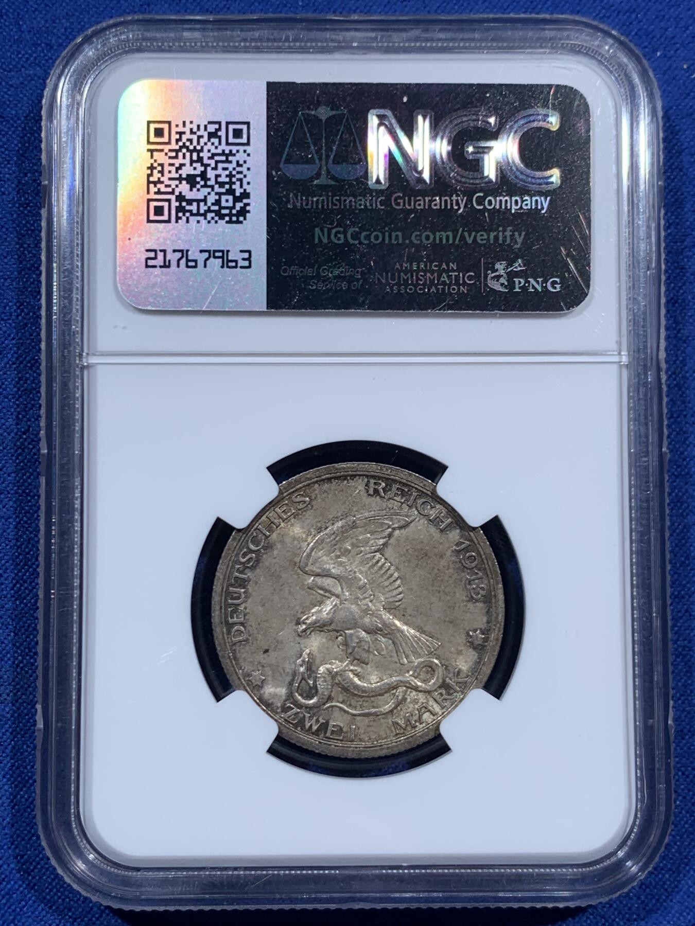 《竞宝斋》第452场 周日，周一 2场连拍 （全场包邮，欢迎送拍） NGC MS64 德国1913A普法战争两马克银币 深彩包浆漂亮 值得入手