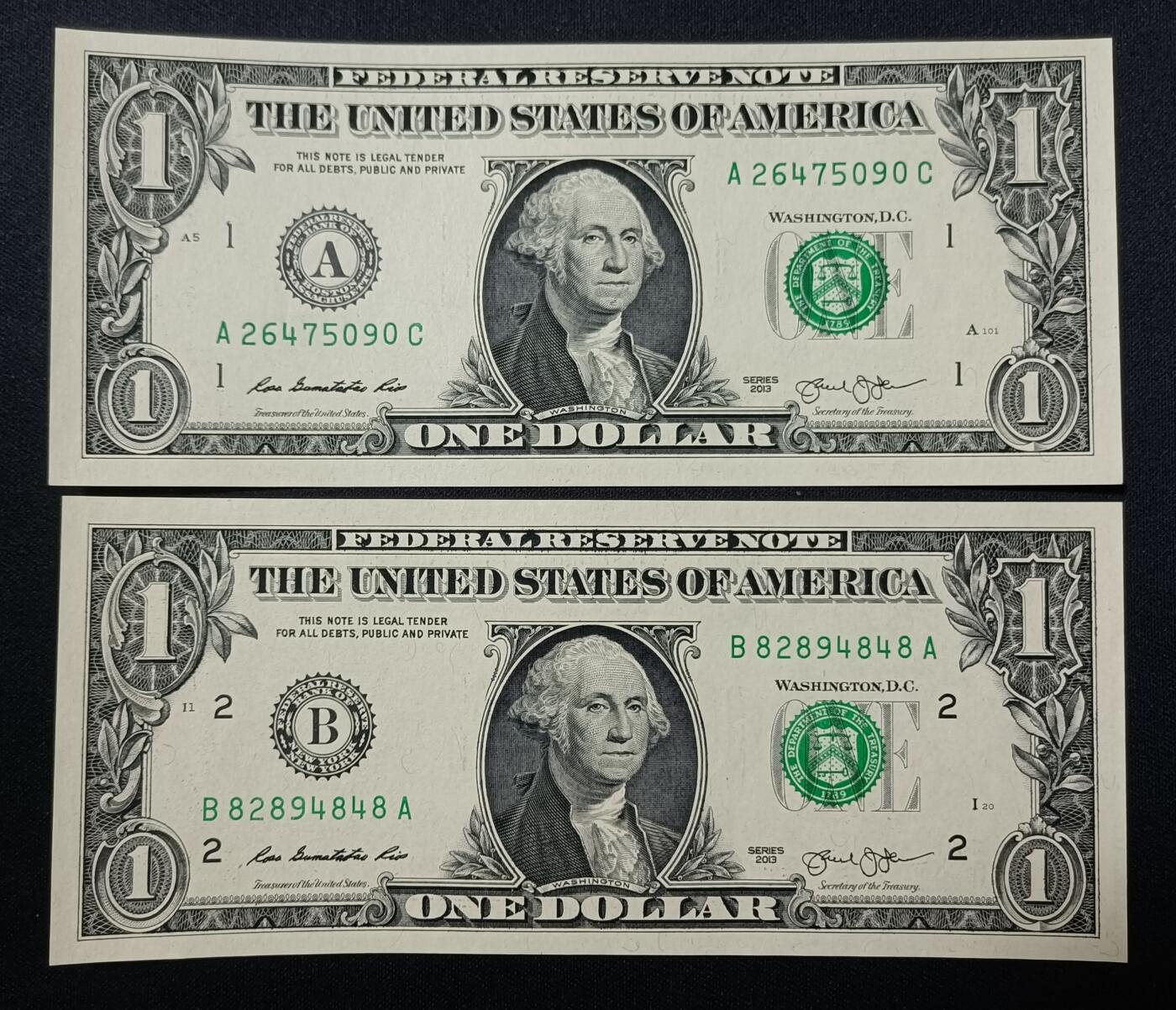 【游宝包邮场】蛇年第103期  美国-1美元【SERIES-2013 A波士顿/B纽约/E里士满/F亚特兰大 全新UNC/INC-】