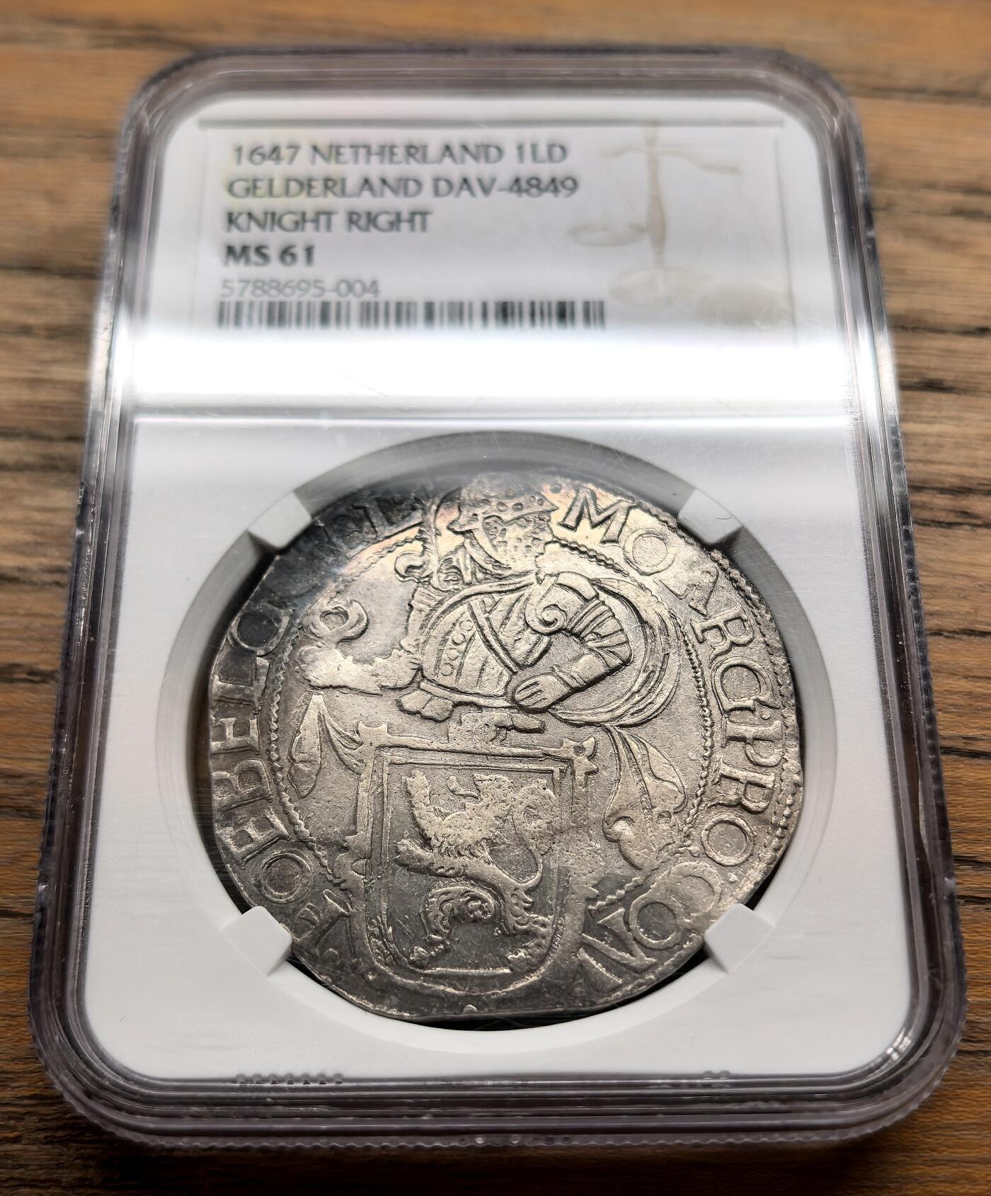 凡希社世界钱币微拍第三百十六期 1647荷兰联省共和国格尔得兰骑士盾徽1达勒大银NGC-MS61，品相优良，藏家精选！