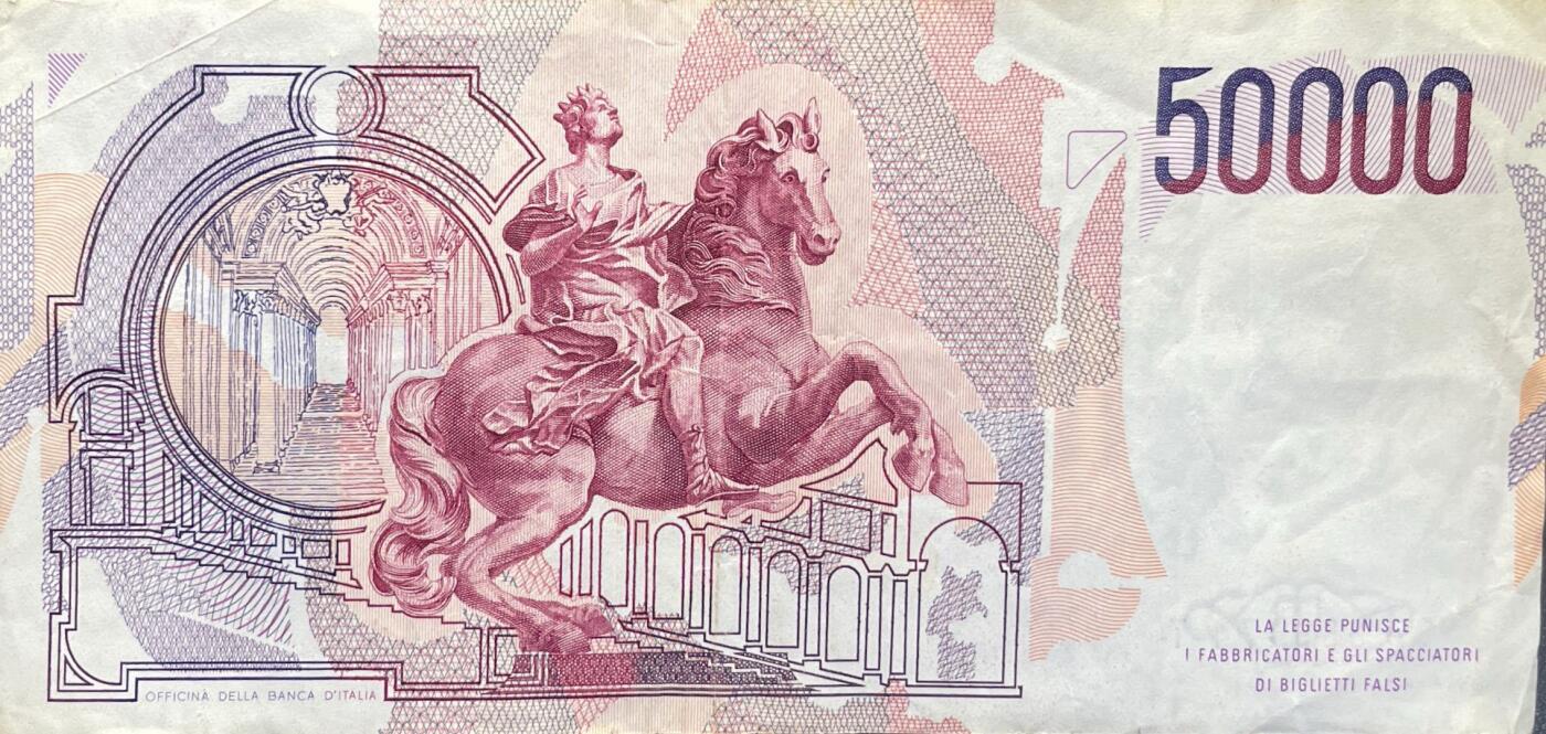 回流1228 1984年意大利银行发行的50000里拉纸币（贝尼尼版）意大利里拉体系中面值较高的流通纸币 
