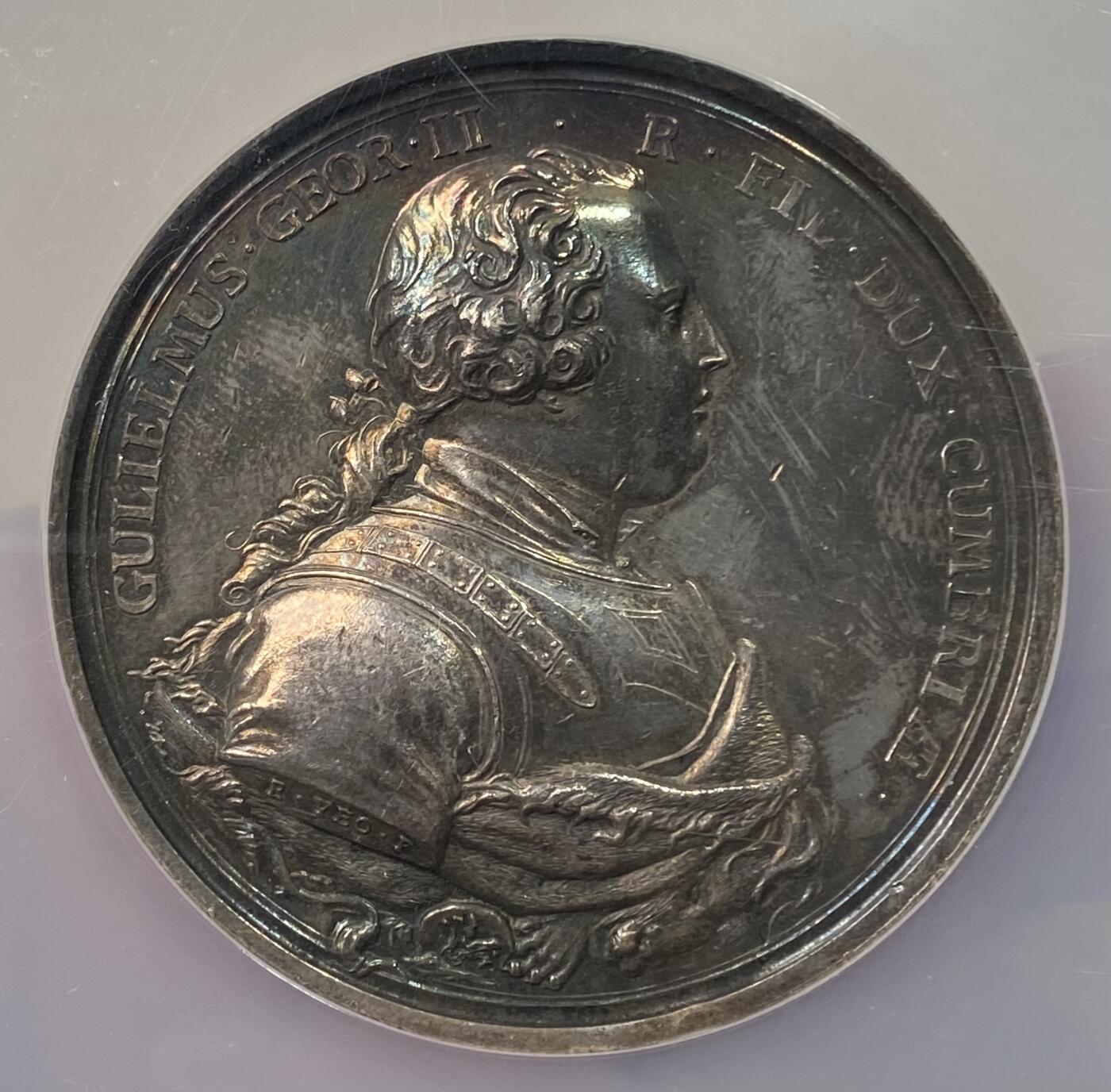 万国钱币拍卖第058期（万国新年大拍） NGC MS61 1746年英国乔治二世卡洛登战役胜利纪念大银章 背面坎伯兰公爵化身赫拉克斯与不列颠尼亚相拥 极美收藏级品质 50MM大规格