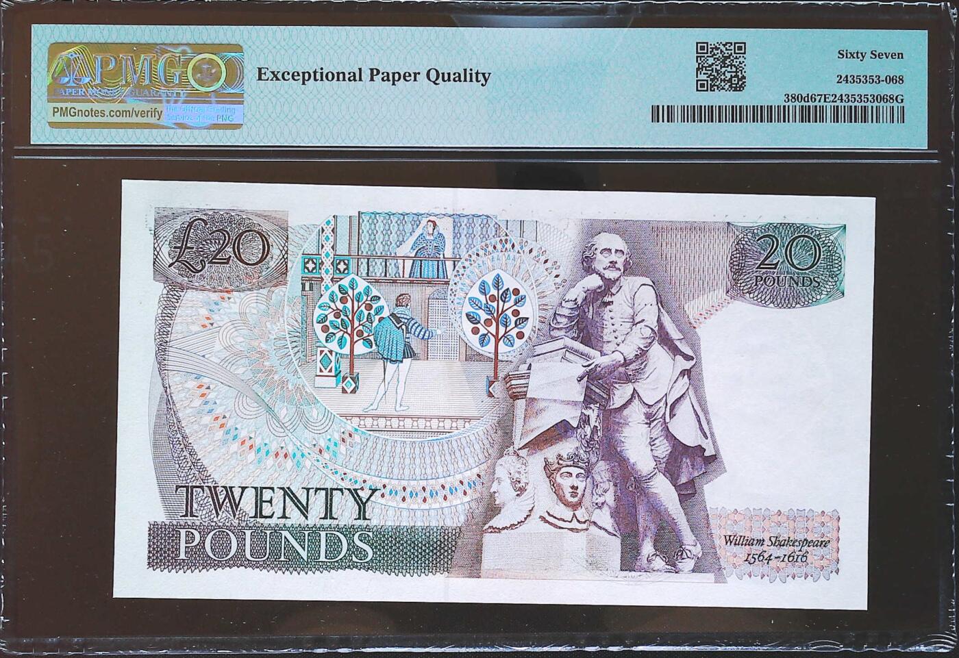 世界靓号纸钞第七十九期 1984-88年英国英格兰银行20镑 D序列 尾8 PMG67 高分