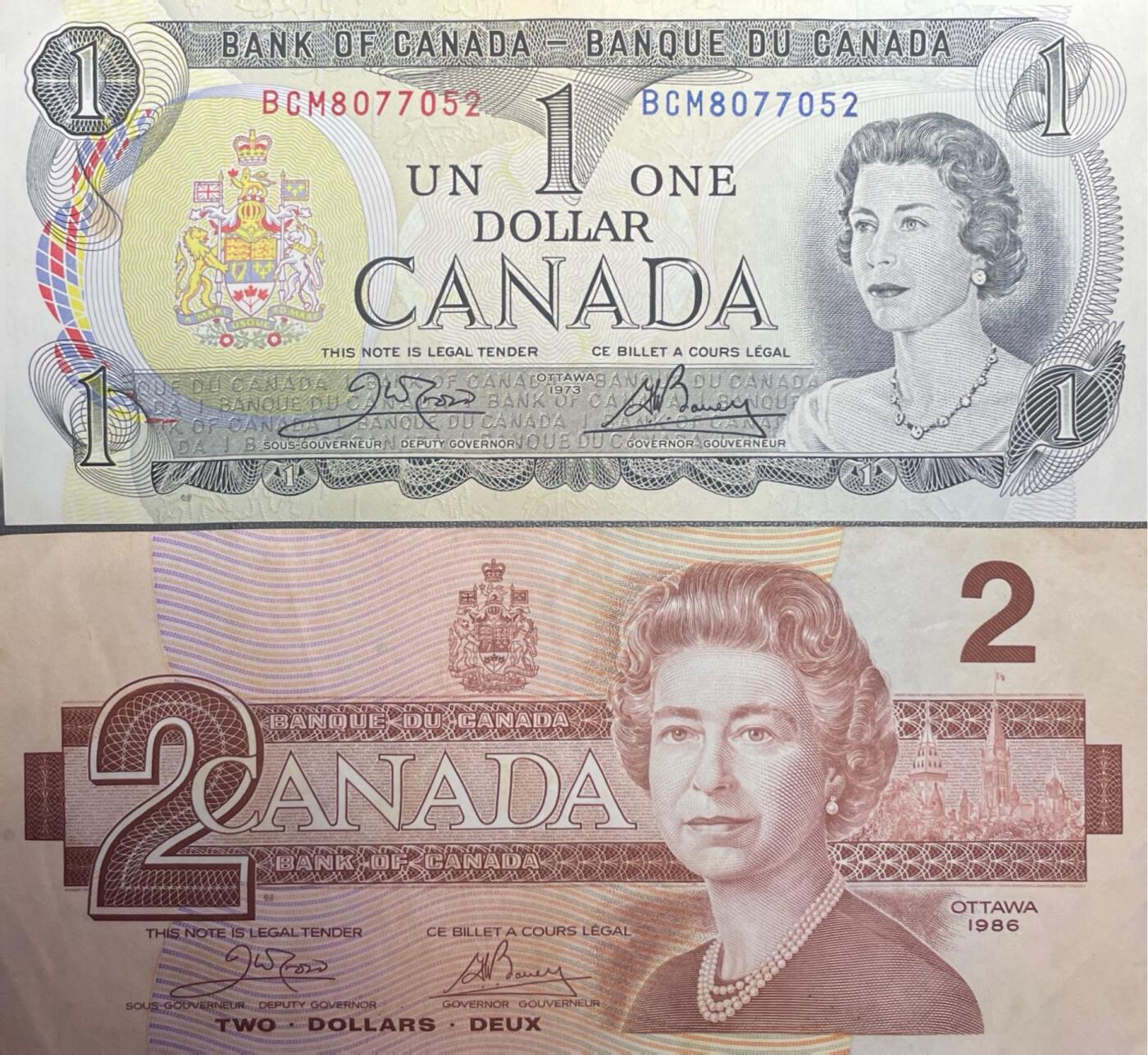 回流1228 加拿大1、2加元纸币两枚