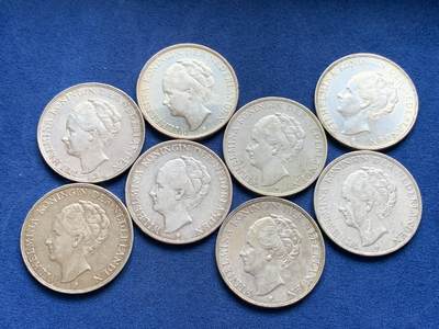 《竞宝斋》第452场 周日，周一 2场连拍 （全场包邮，欢迎送拍） - 八枚一组 荷兰1929年-1939年威廉明娜2.5盾大银币 720银 总重约199.4克